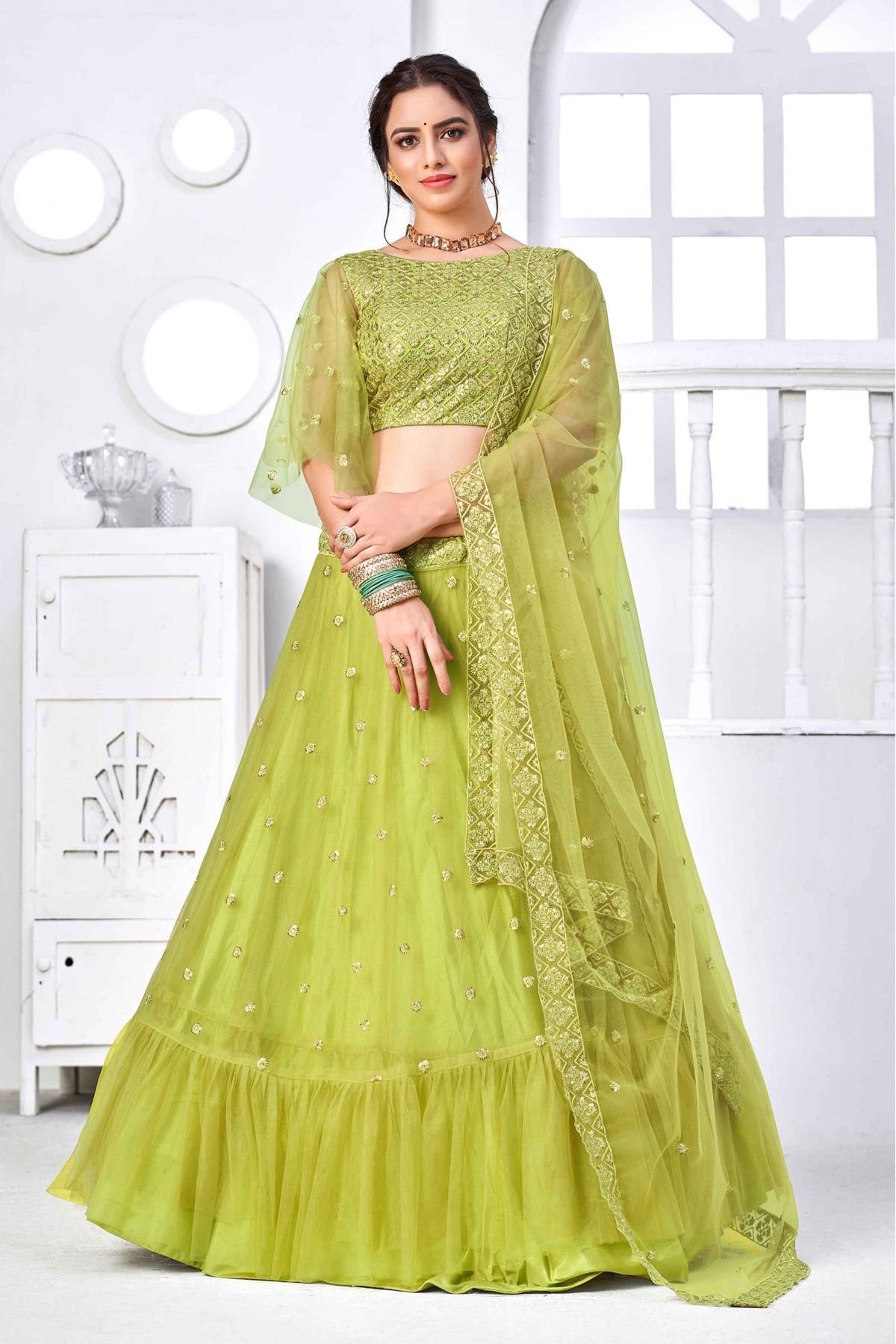 Best georgette light parrot green color Banglori silk bridal lehenga