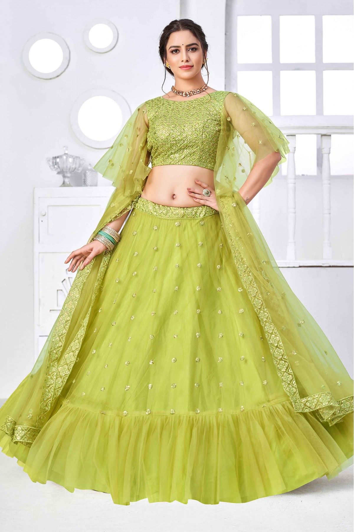 Net Embroidery Lehenga Choli In Dark Green Colour - LD5680006