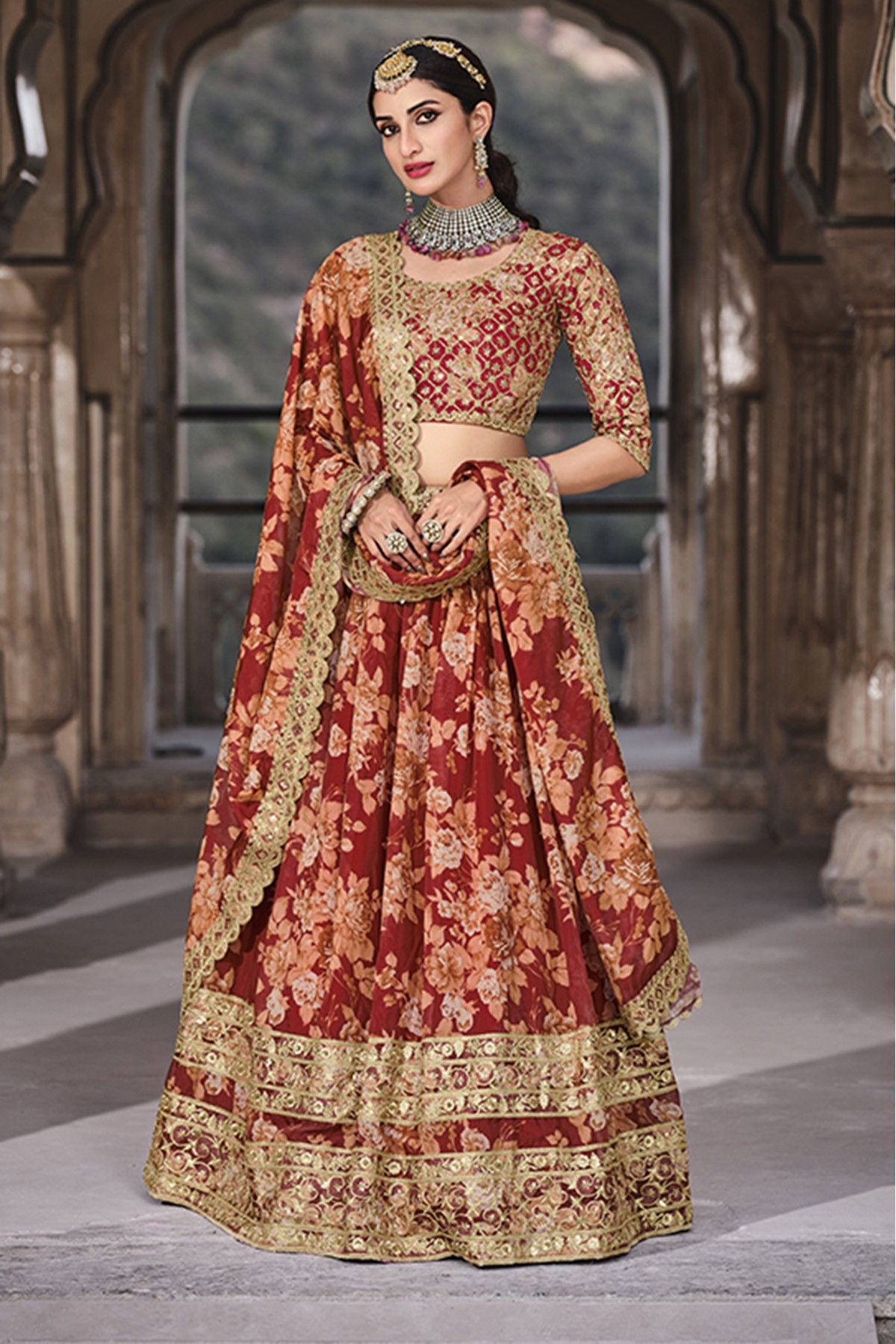 Organza Printed Lehenga Choli In Red Colour - LD4900801