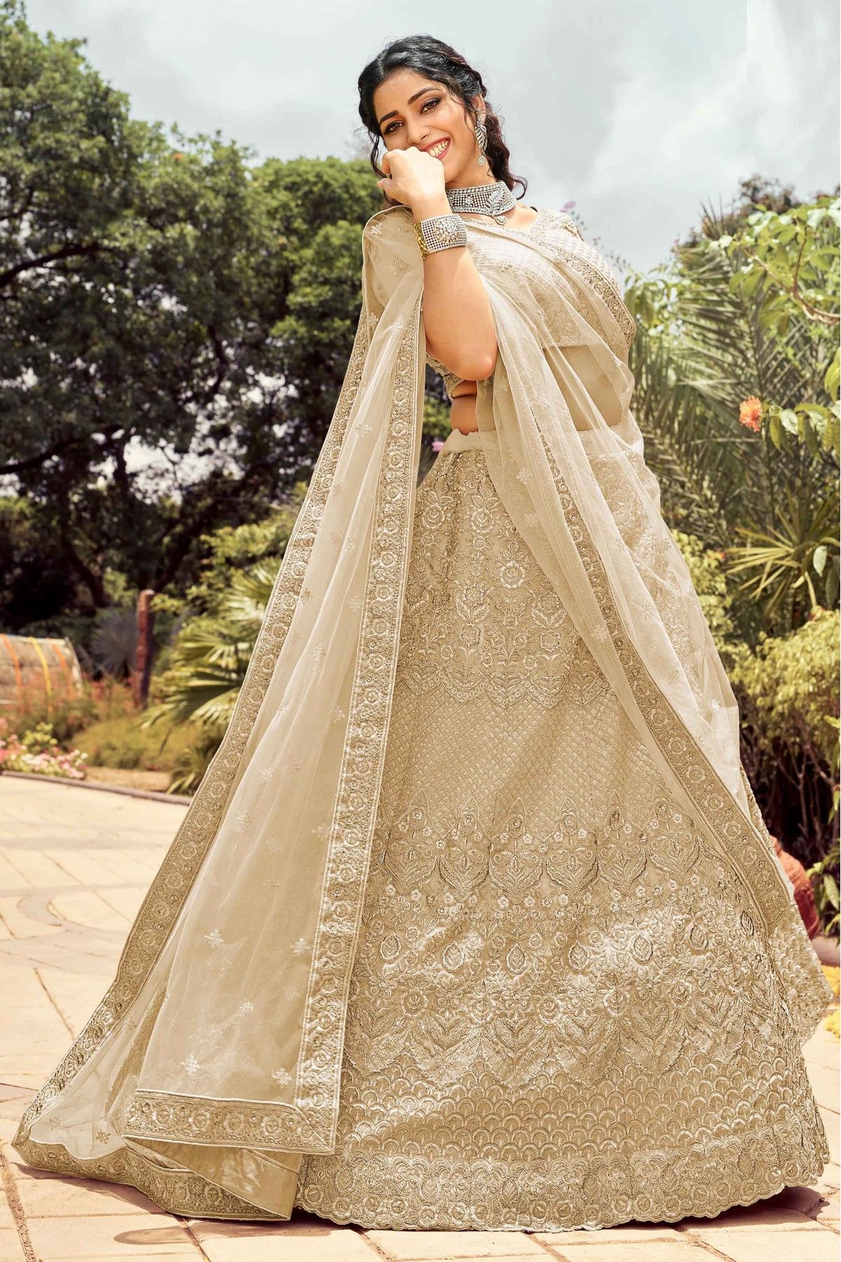 Buy Cream Silk Lehenga Choli With Beige Net Dupatta Online - DMV7266 |  Andaaz Fashion