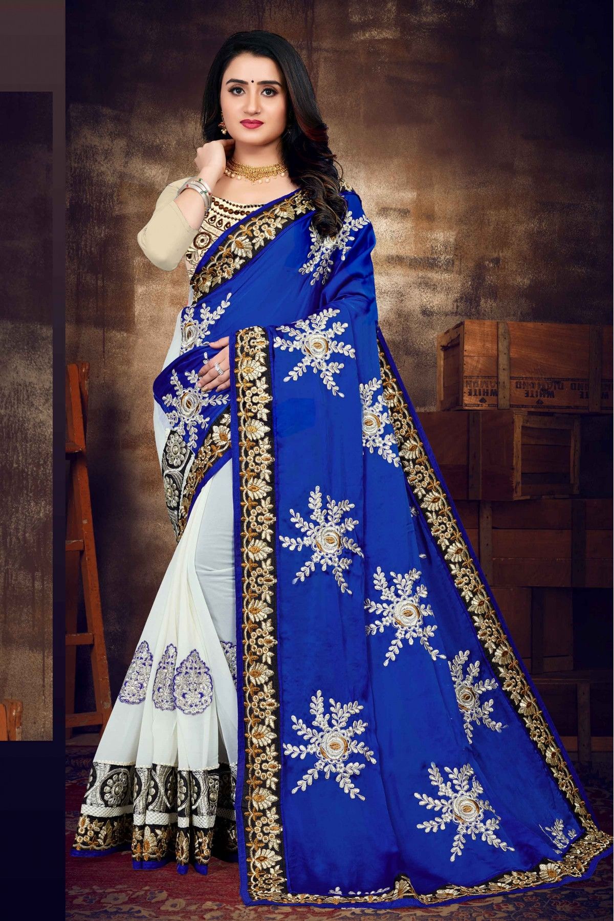 Olympic Blue and Off White Printed Saree in Muslin with Cutdana...