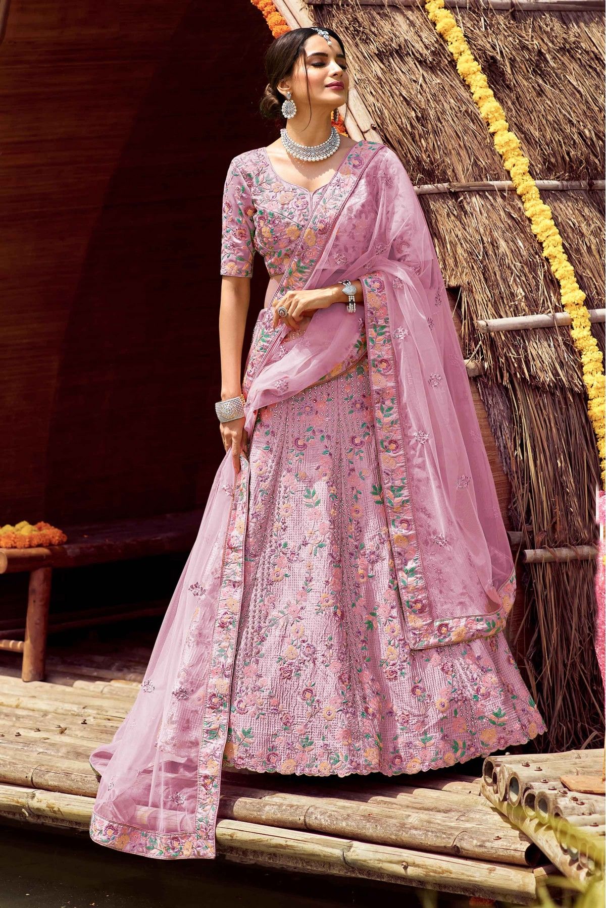Satin Resham Work Lehenga Choli In Pink Colour - LD4900763
