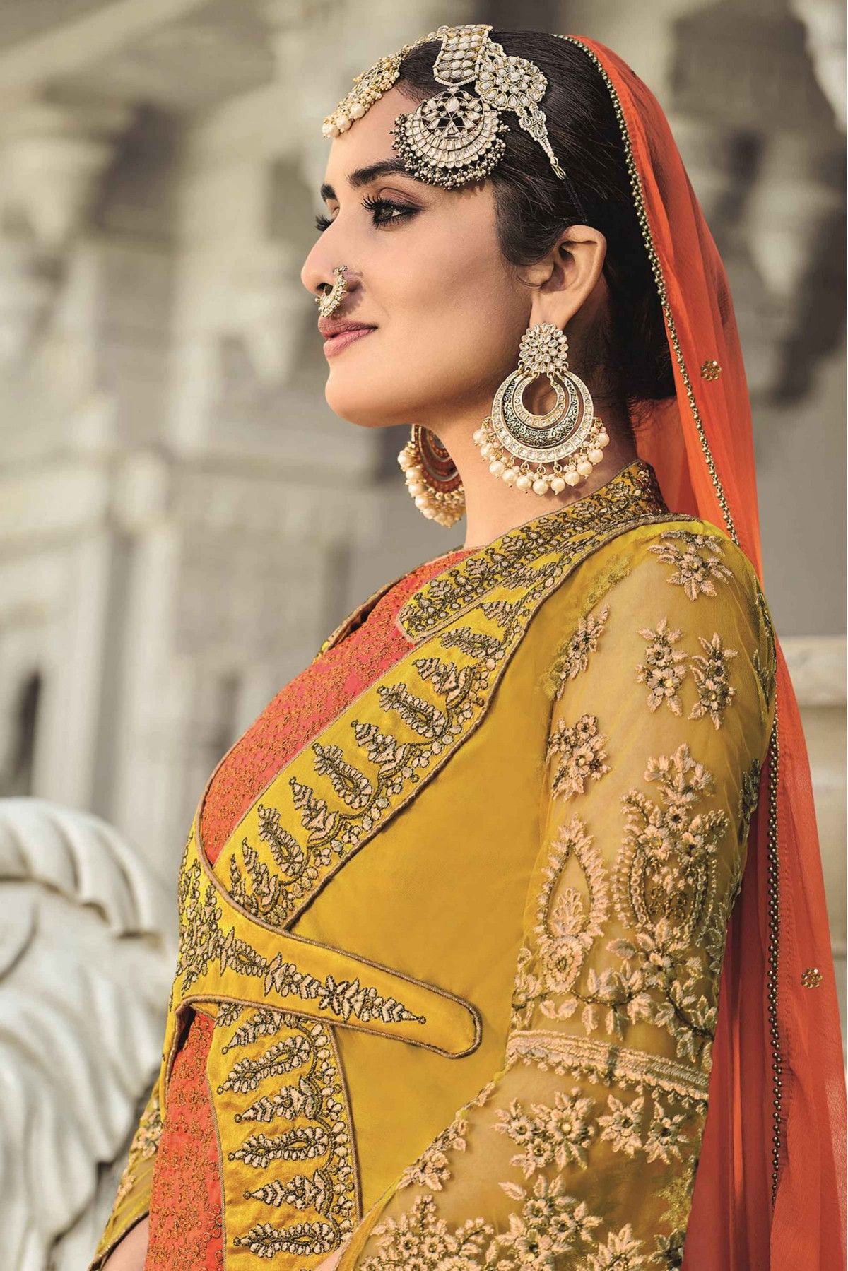 Silk Embroidery Lehenga Suit In Orange And Mustard Colour SM5412857 B