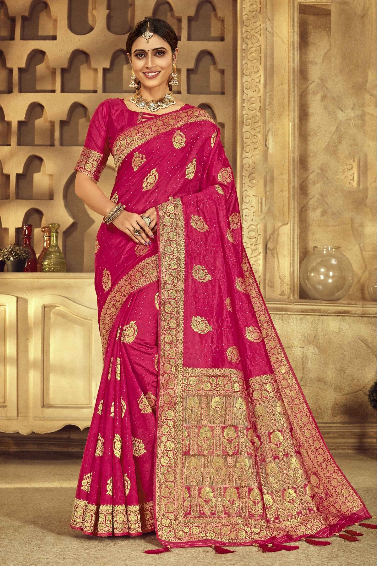 Affordable Woven Zari Banarasi Silk Rani Pink Saree|SARV138139