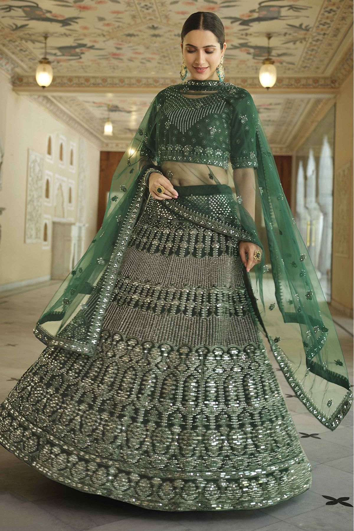 Dark Green Color Silk Fabric Wedding Look Appealing Lehenga