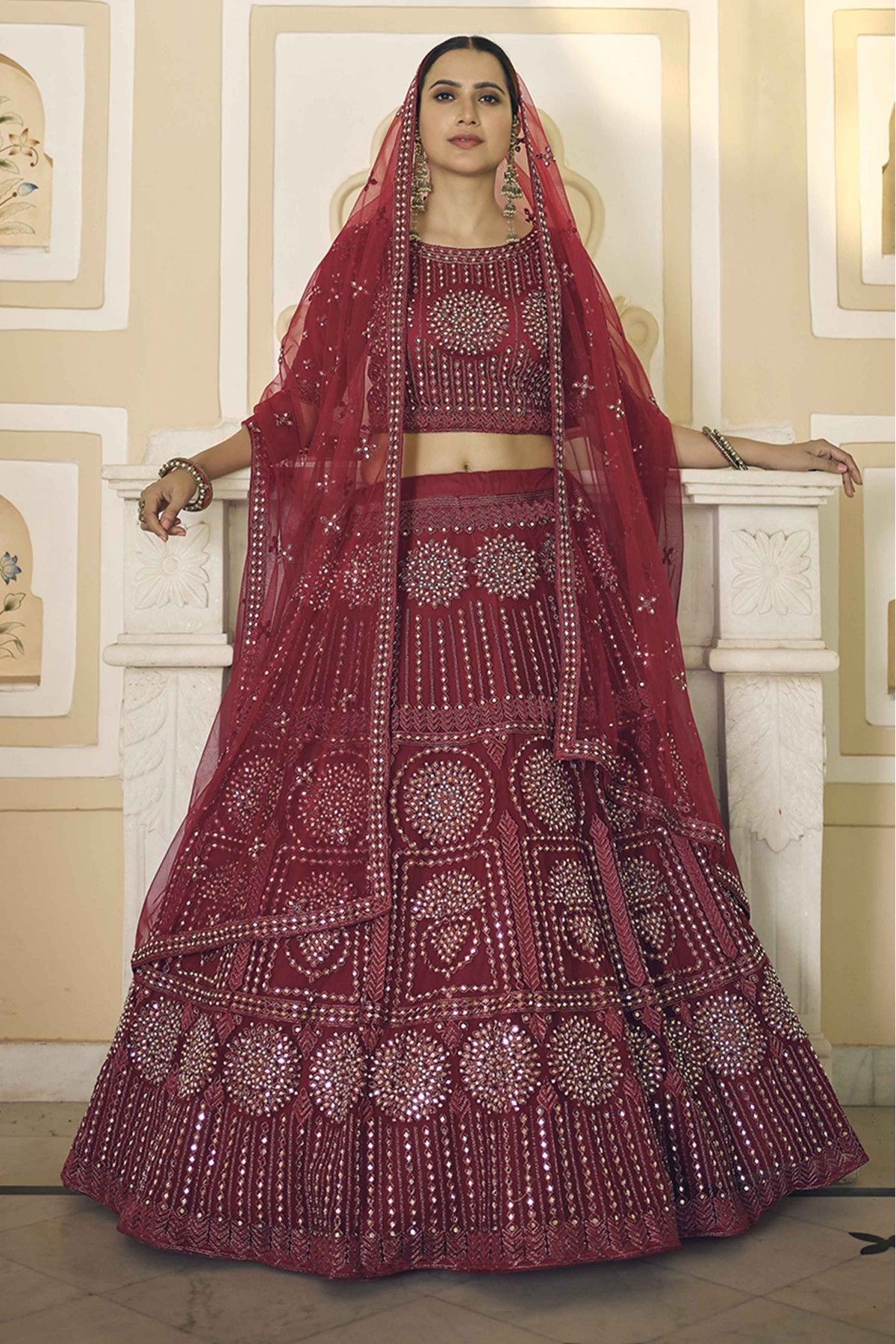 Embellished Zardozi Worked Maroon Color Lehenga Choli in Chiffon – Nameera  by Farooq