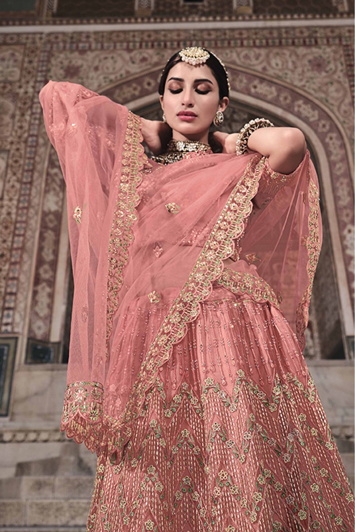 Elegant Peach Gota Patti Lehenga Choli Set for Mom and Daughter