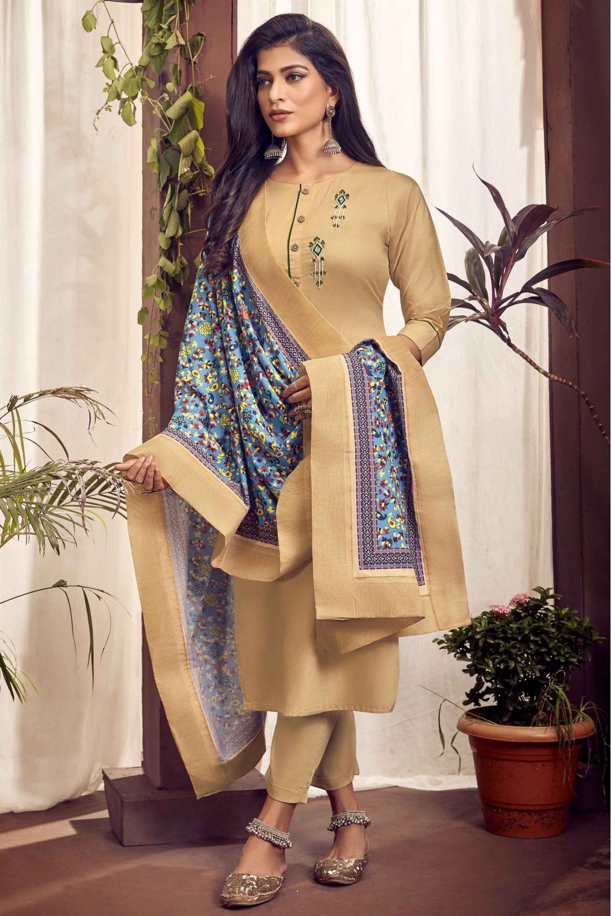 Cream Color Silk Pant Style Salwar Kameez