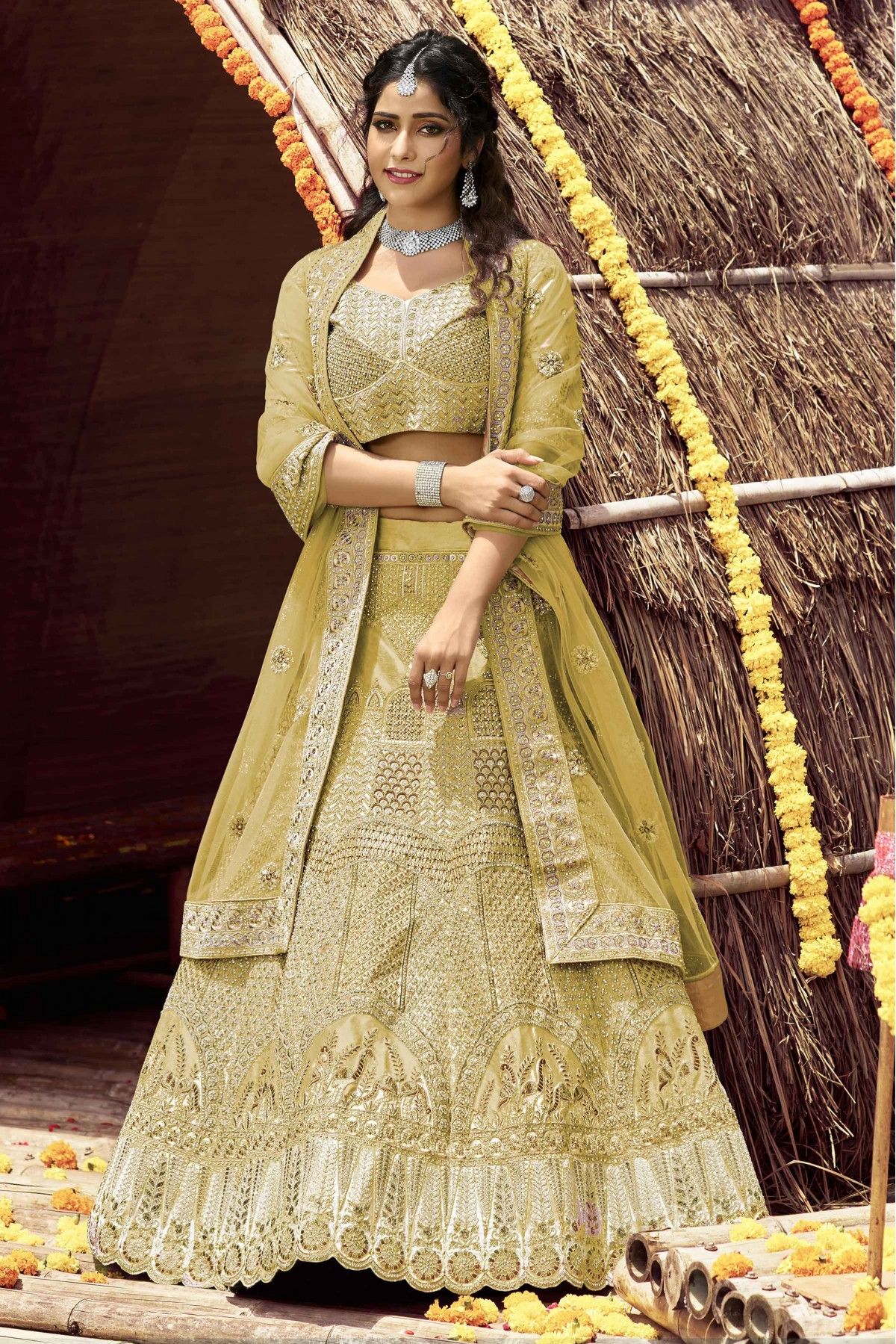 Enhance Olive Green Heavy Faux Georgette Designer Lehenga Choli-SNAZZYHUNT