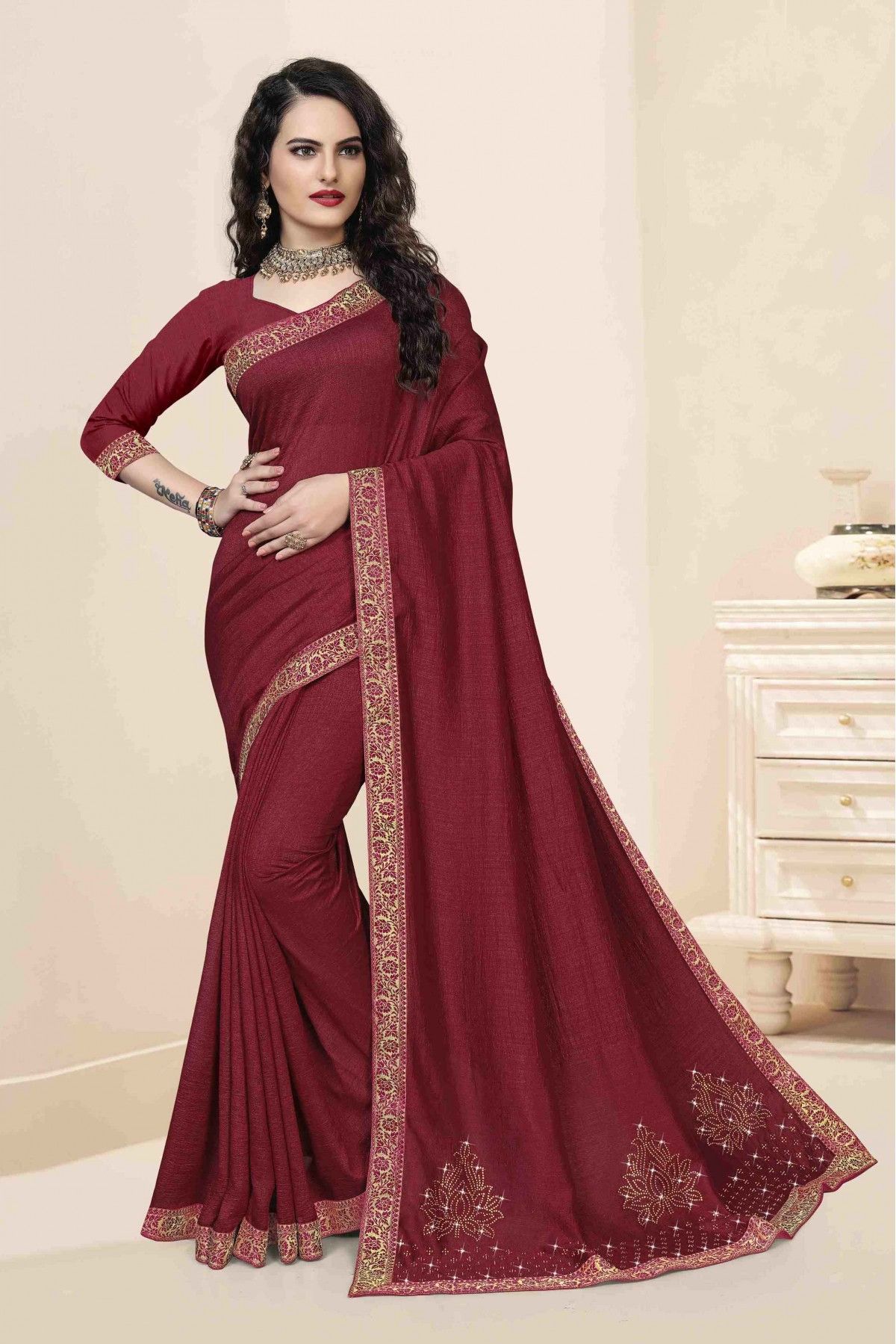 Vichitra Silk Swarovski Work Saree In Red Colour - SR5010097