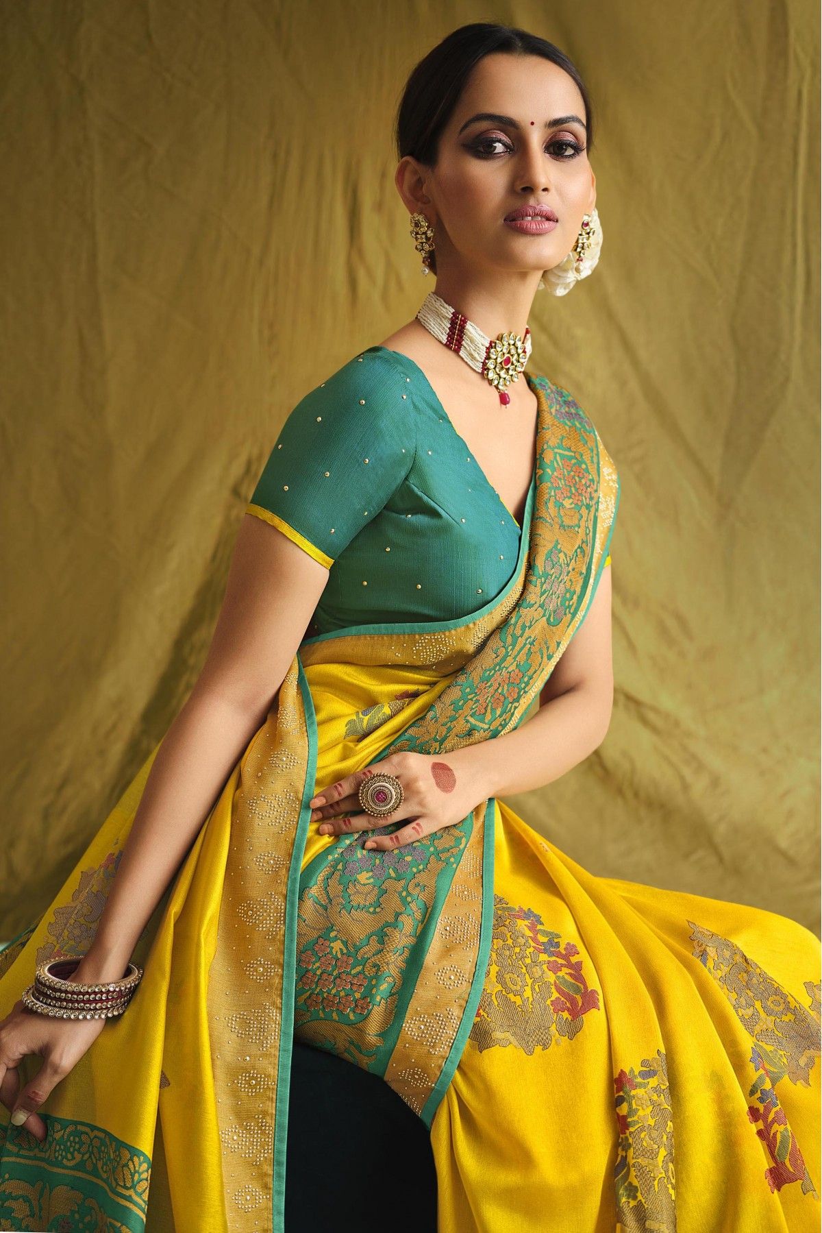 Buy Jaanvi Fashion Designer Yellow Brasso Saree on Snapdeal