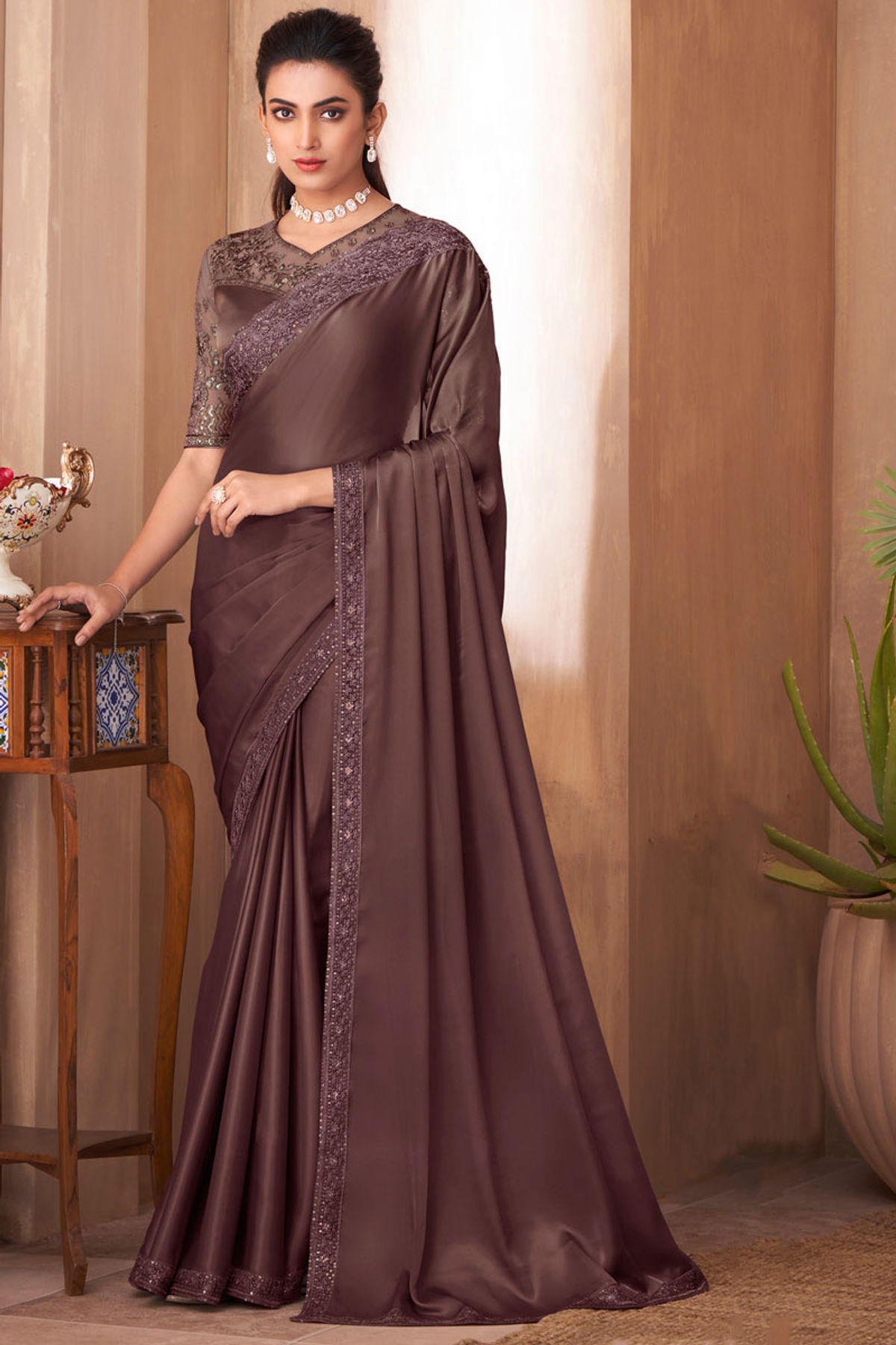 Party-wear-pink-coffee-brown-color-saree | Saree designs, Party wear sarees,  Festival wear