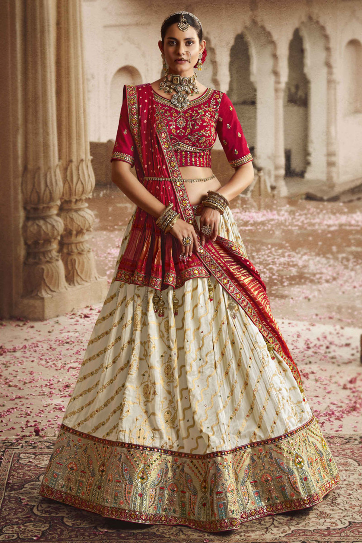 Buy Red & Off White Daya Zardozi Embroidered Lehenga With Dupatta Online -  RI.Ritu Kumar India Store View