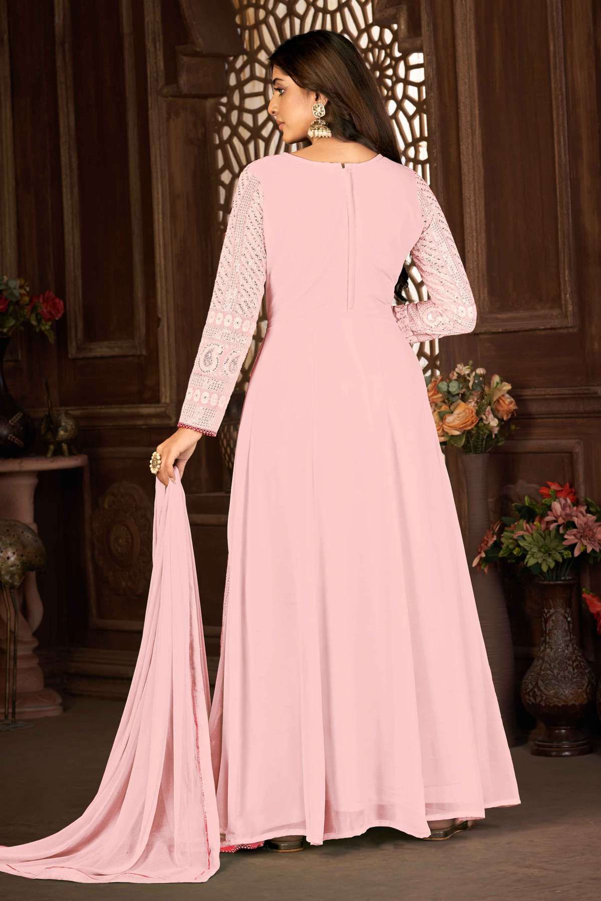 Pink Faux Georgette Plain Anarkali With Palazzo