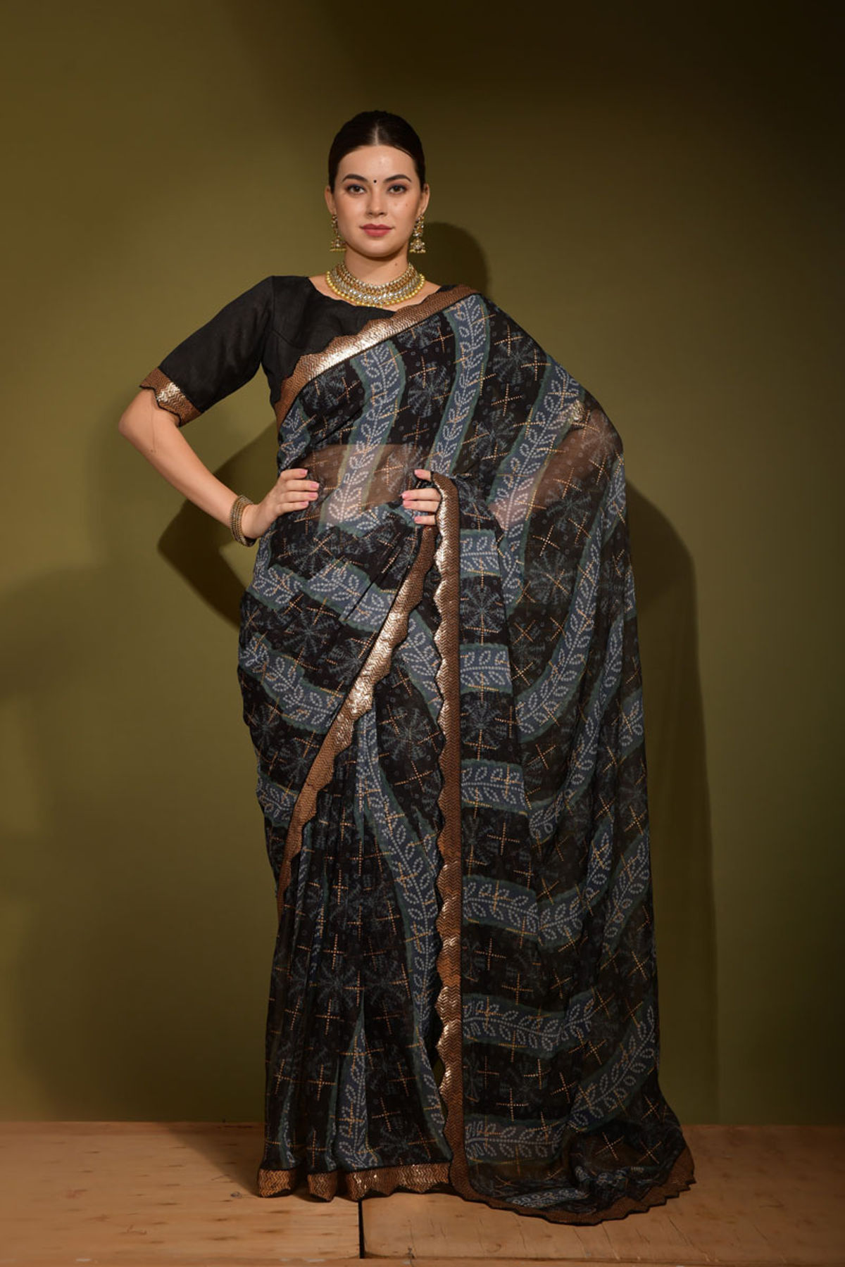 Buy Grey Chiffon Embroidered Folklore Line V Neck Saree With