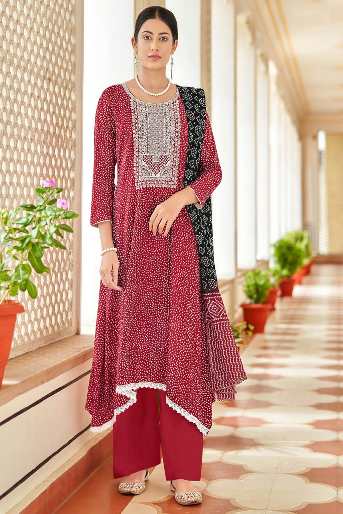 Stunning Maroon Badhej Printed Cotton Palazzo Suit