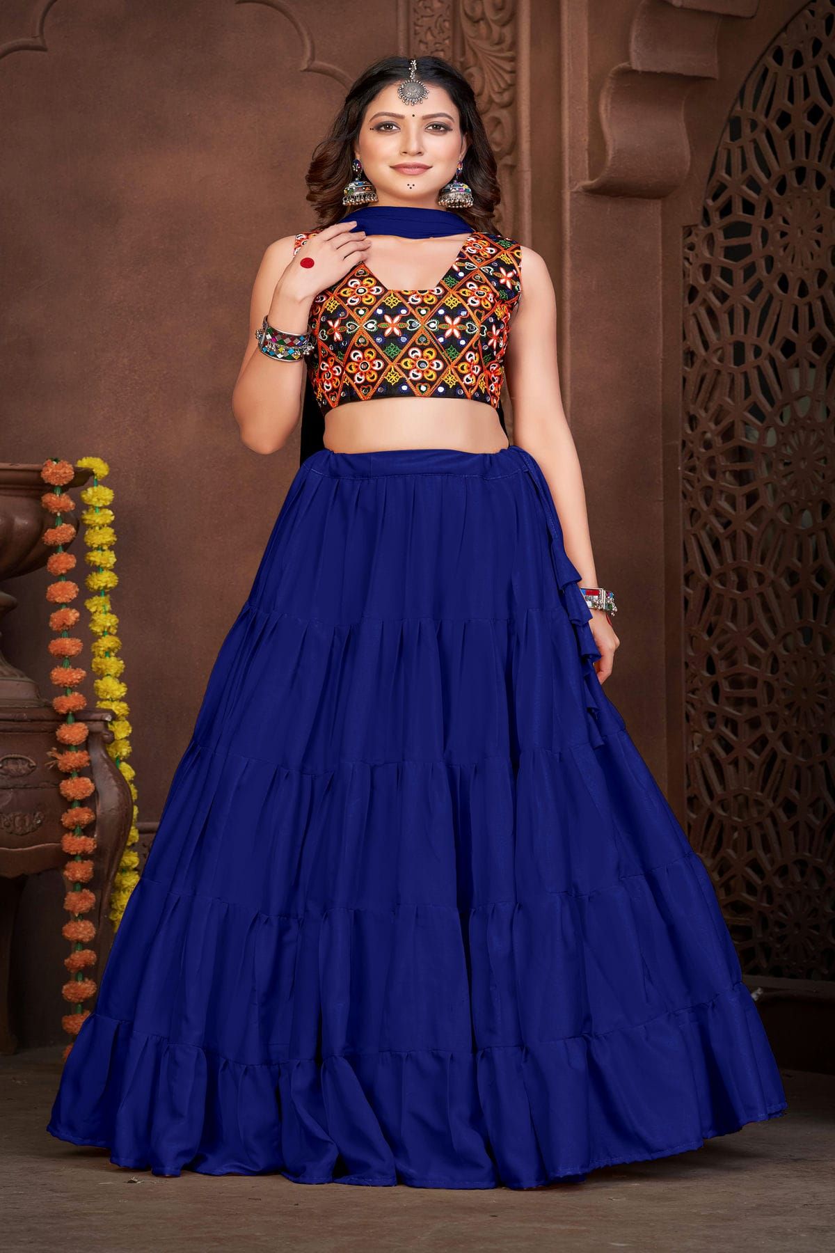 Ninecolours.com - Navy Blue Colour Banarasi Fabric Lehenga Choli Comes With  Matching Blouse. This Lehenga Choli Is Crafted With Embroidery,Resham  Work,Zari Work,thread Work. This Lehenga Is Semi Stitched Which Can Be  Stitched