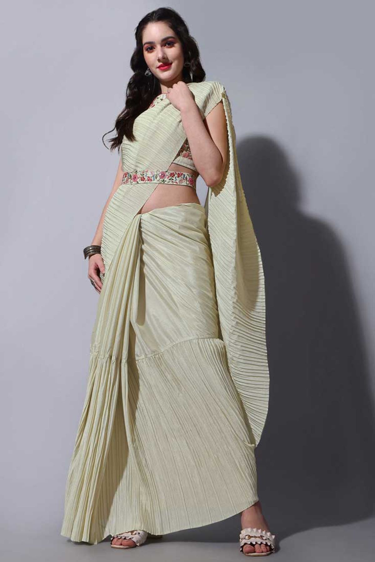 Chinnon With Half Side Crush Work Saree