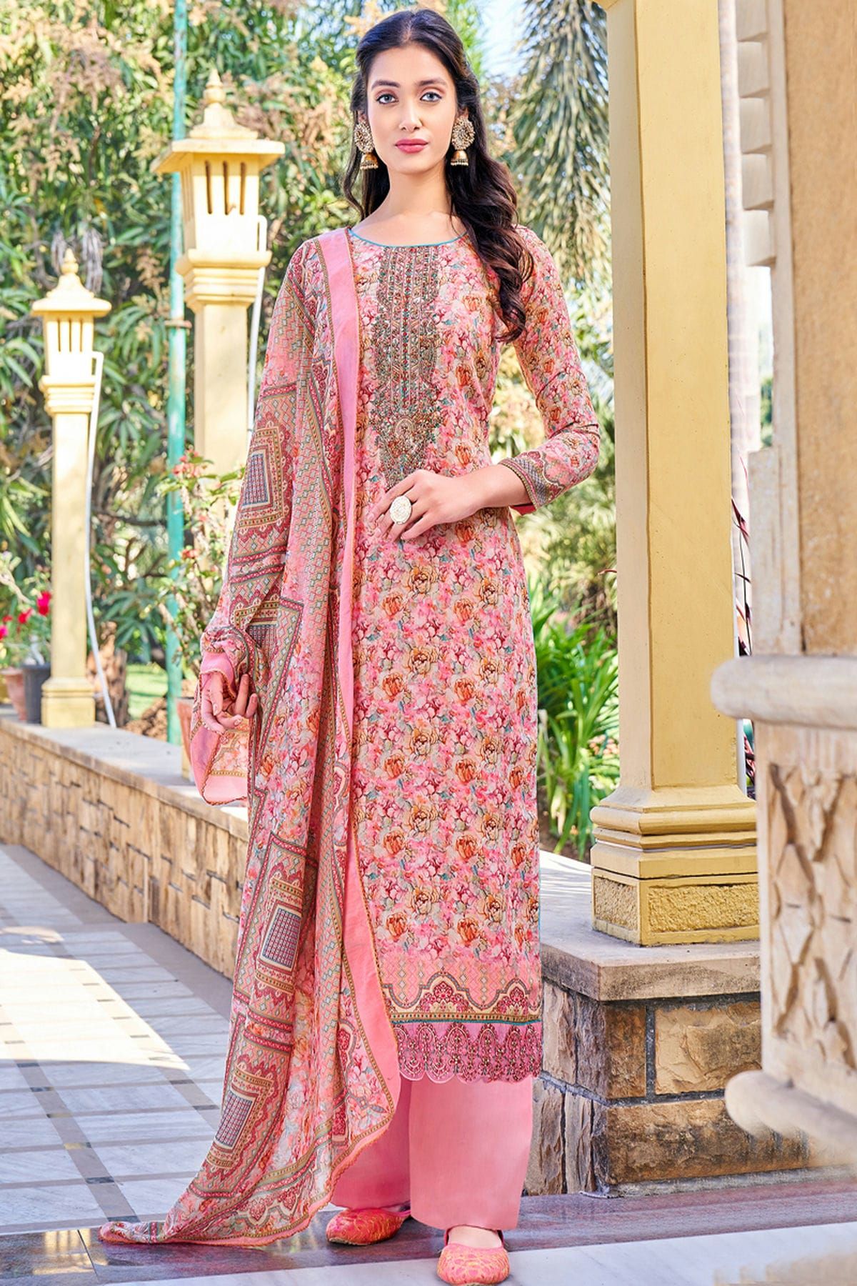 Embroidered Cotton Silk Unstitched Palazzo Pant Suit Sm04450874