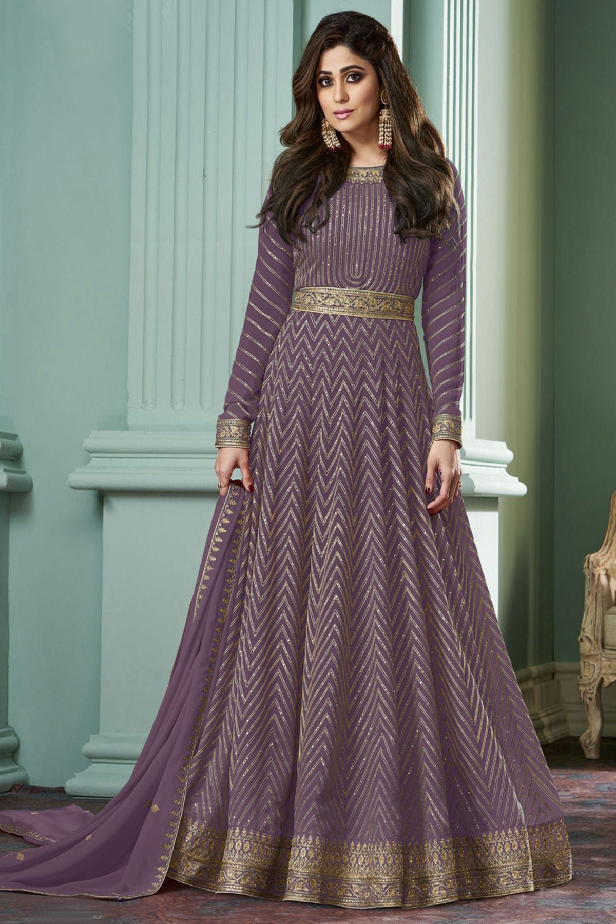 Embroidered Georgette Semi Stitched Churidar Suit Sm04450844