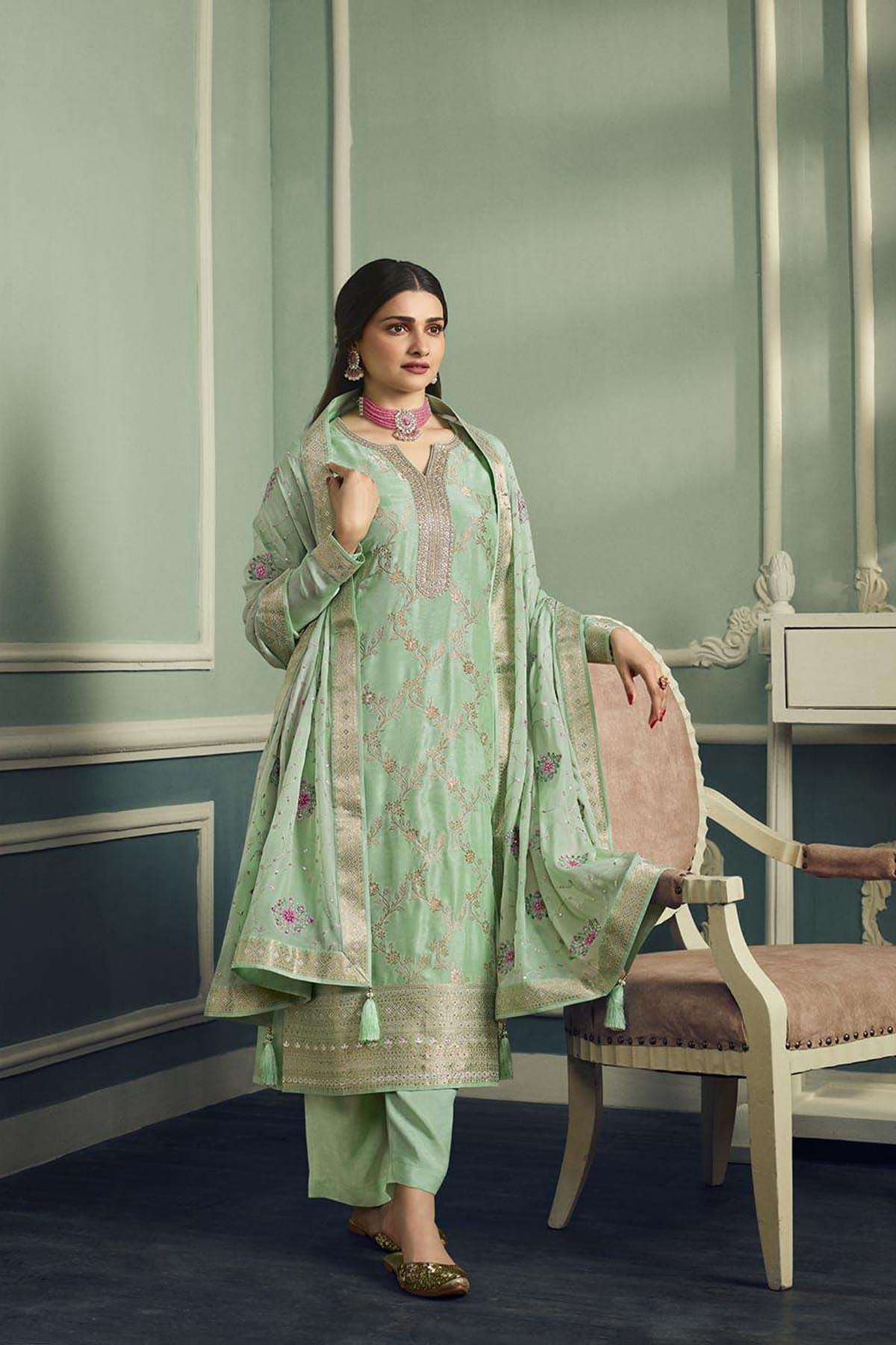 Buy Green Net Designer Suit - Fancy Pakistani Style Suit – Empress Clothing
