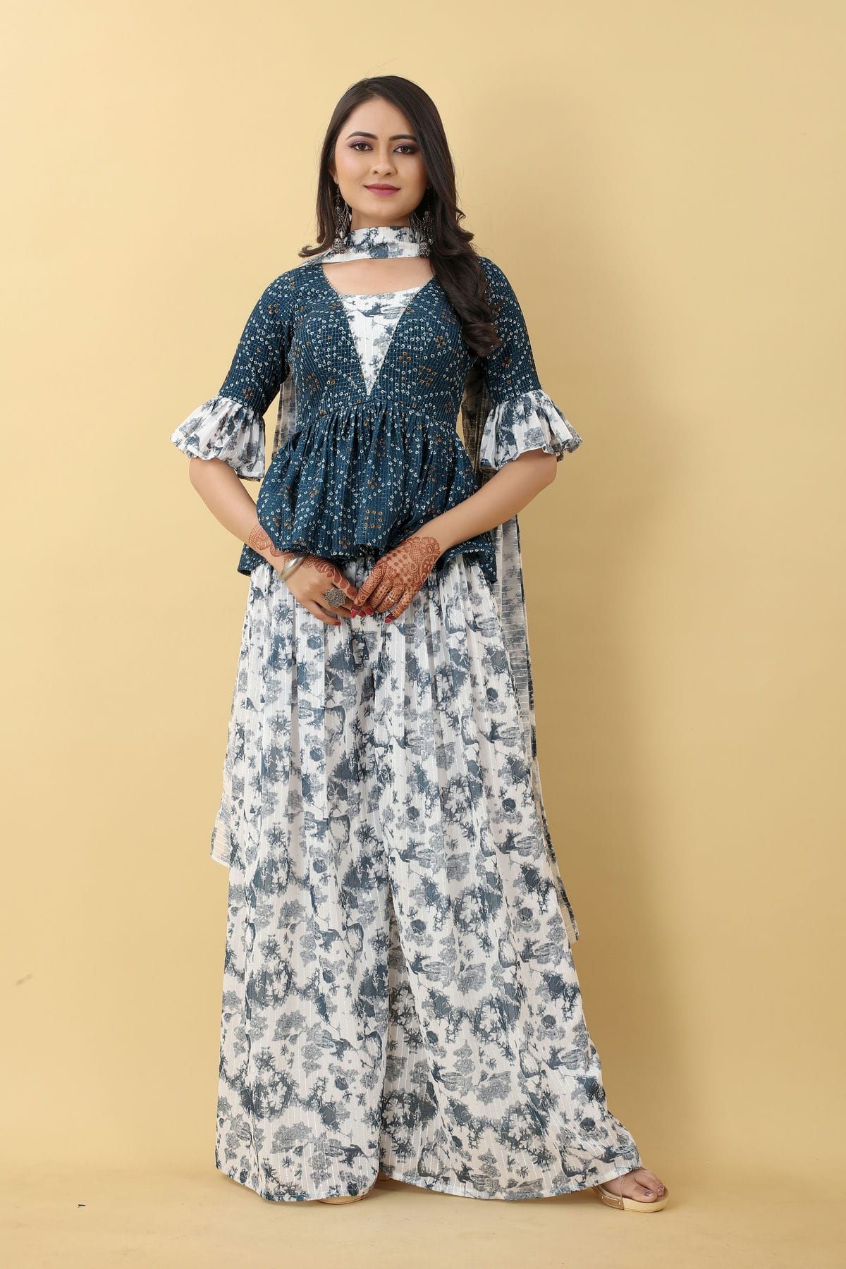 Drop Printed Full Sleeves Sharara Suit Set with A Peplum Top Front Emb –  Basanti Kapde aur Koffee