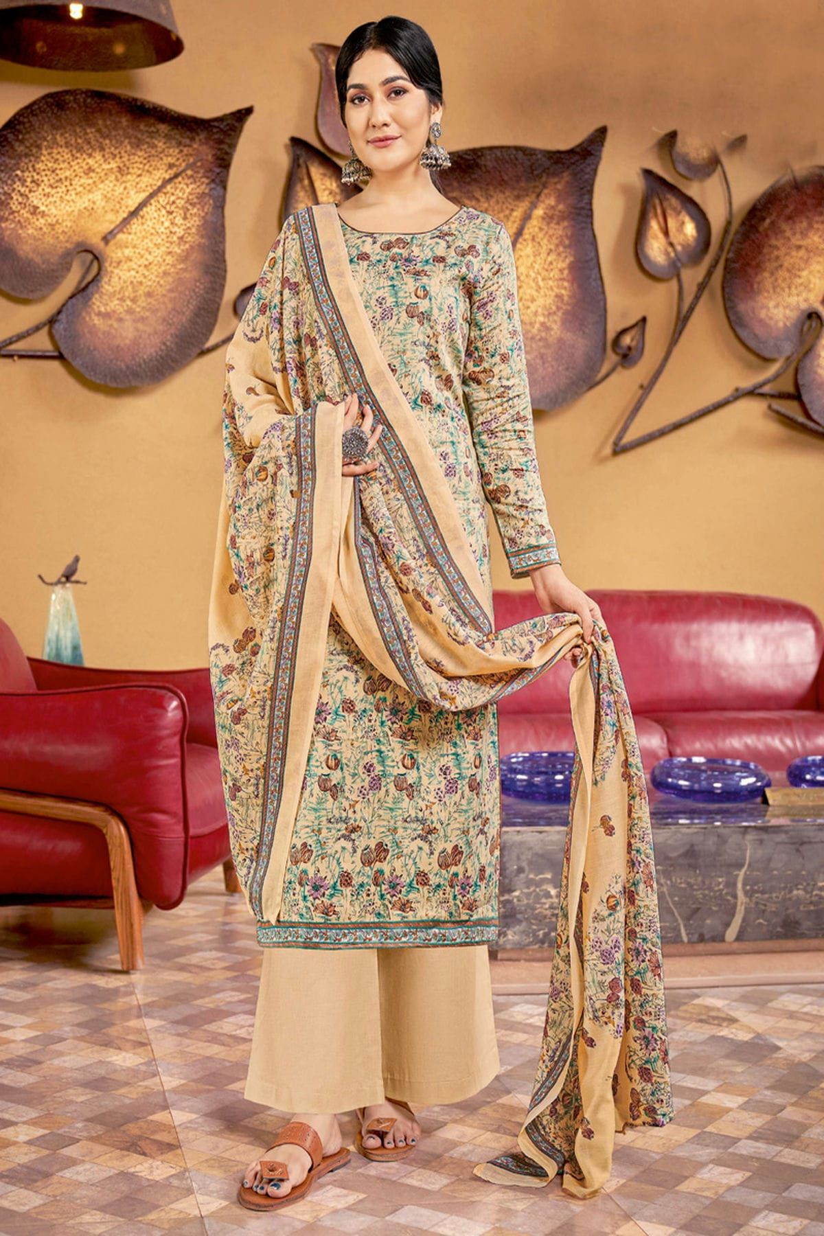 Cream Color Silk Pant Style Salwar Kameez