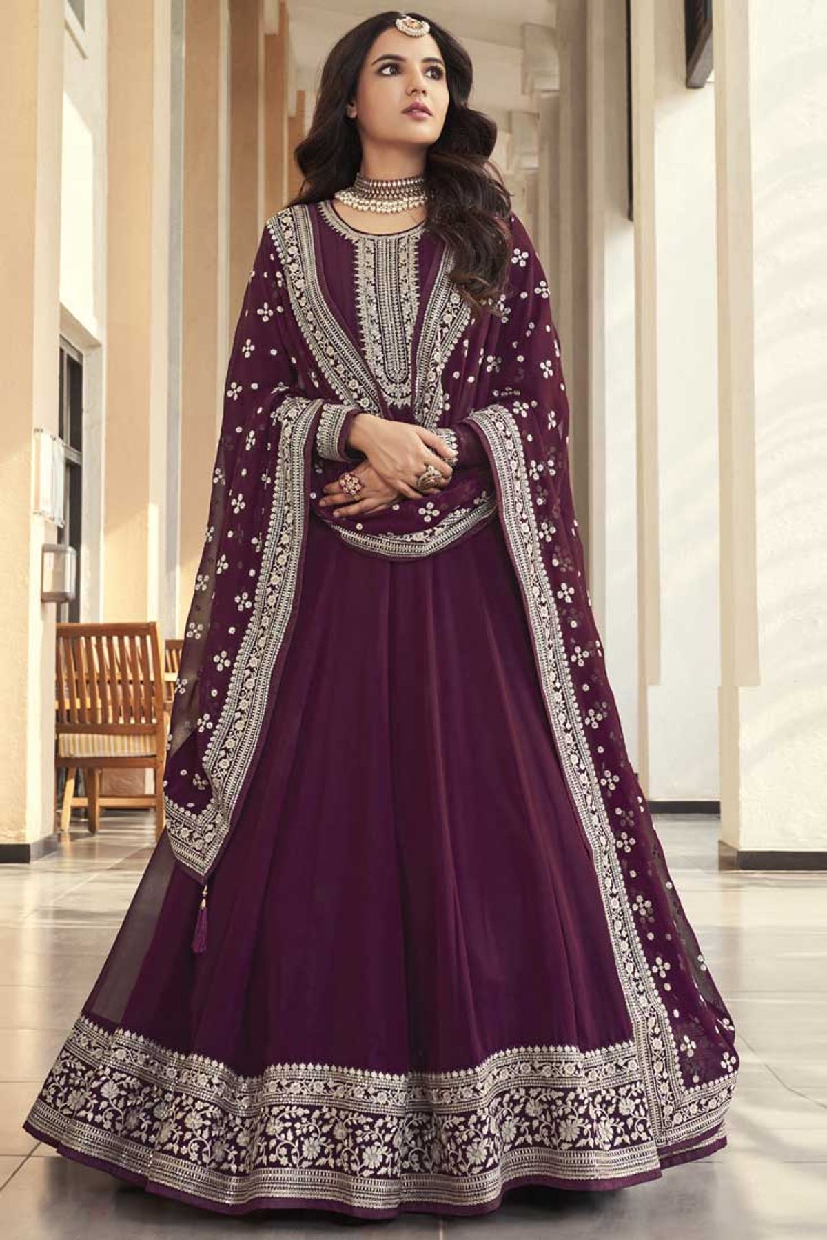 Wine Purple Anarkali Kurti with Embroidery Work in Georgette