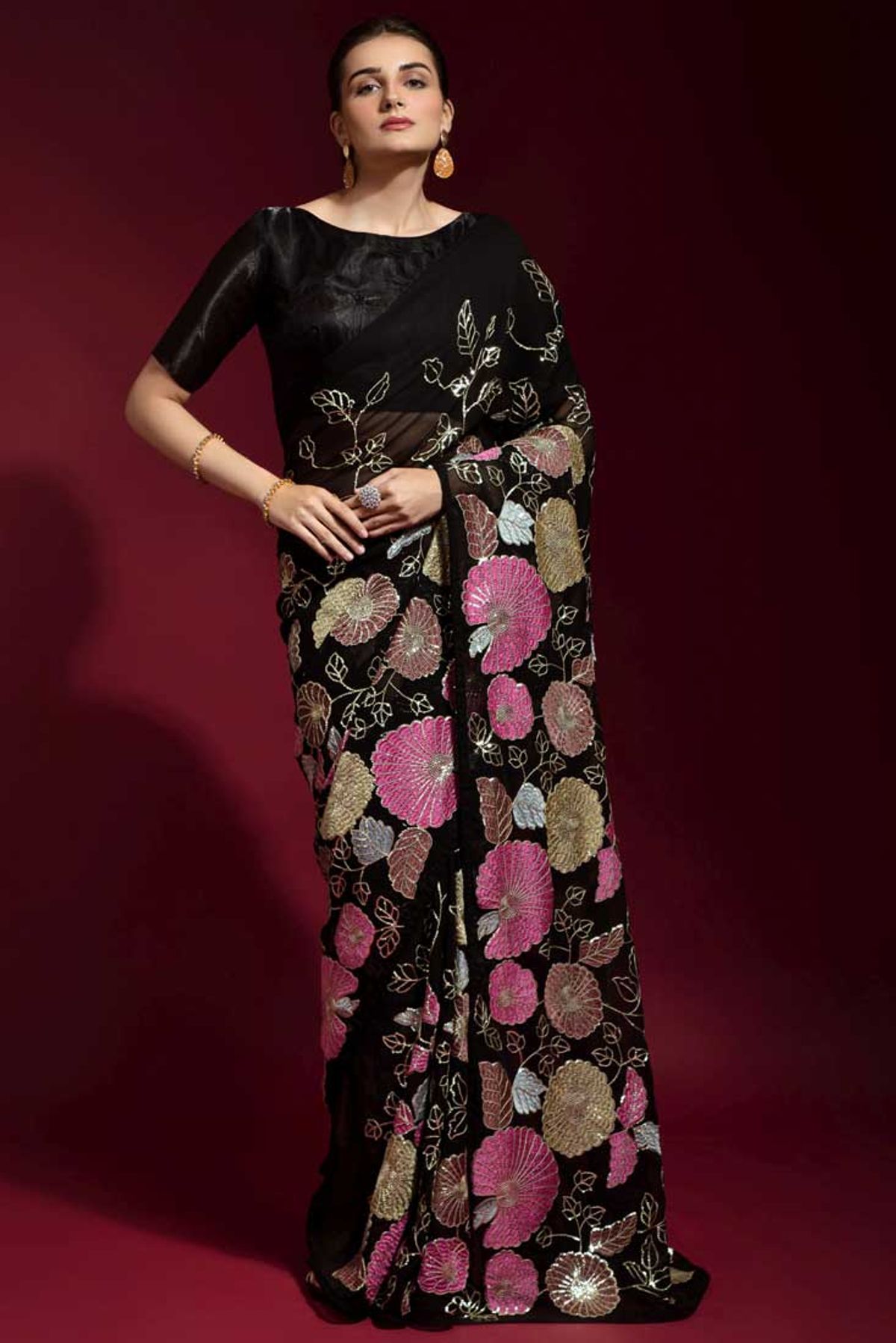 black georgette party wear saree 24006