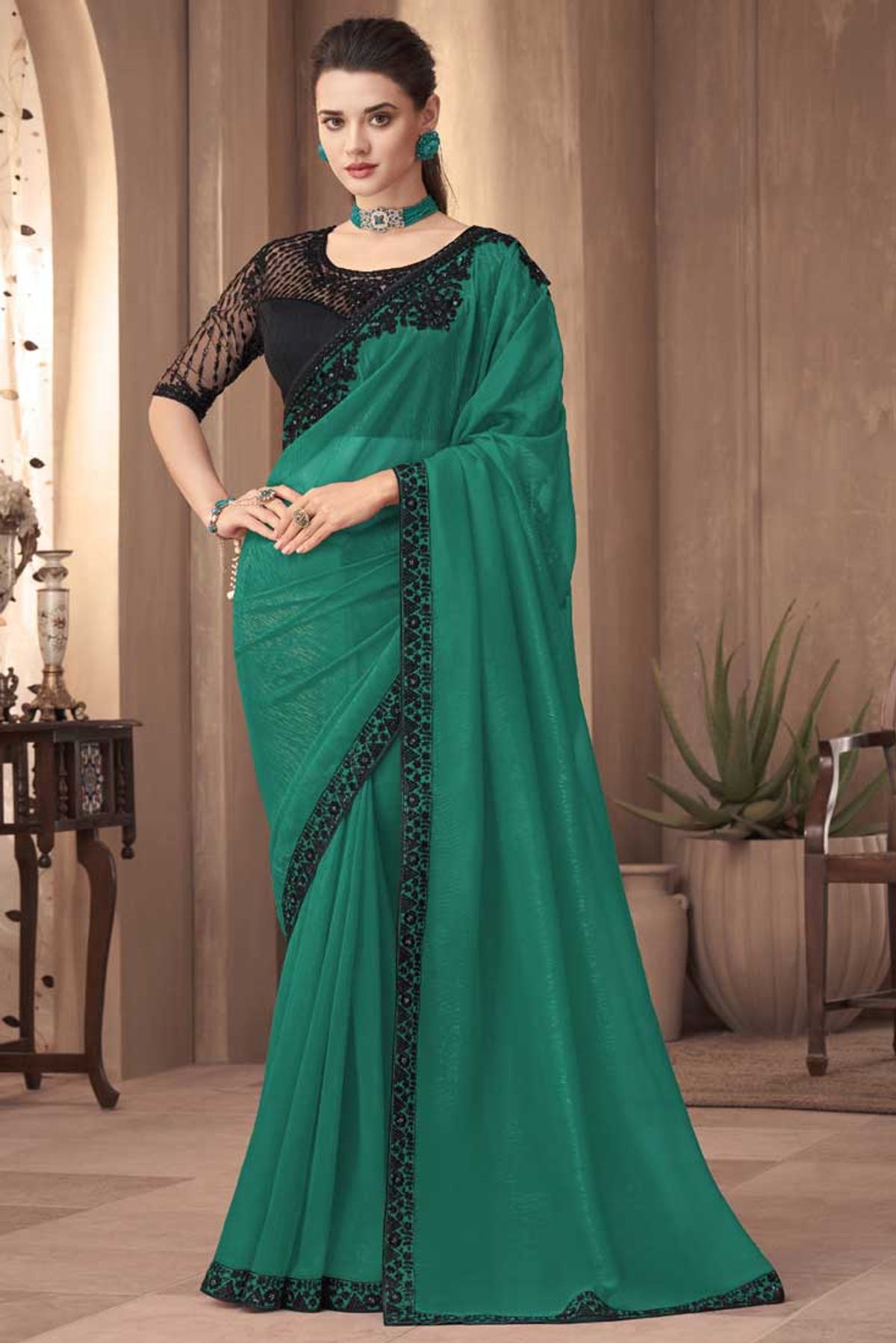 Outer Space Green Embroidery Designer Georgette Partywear Saree – MySilkLove