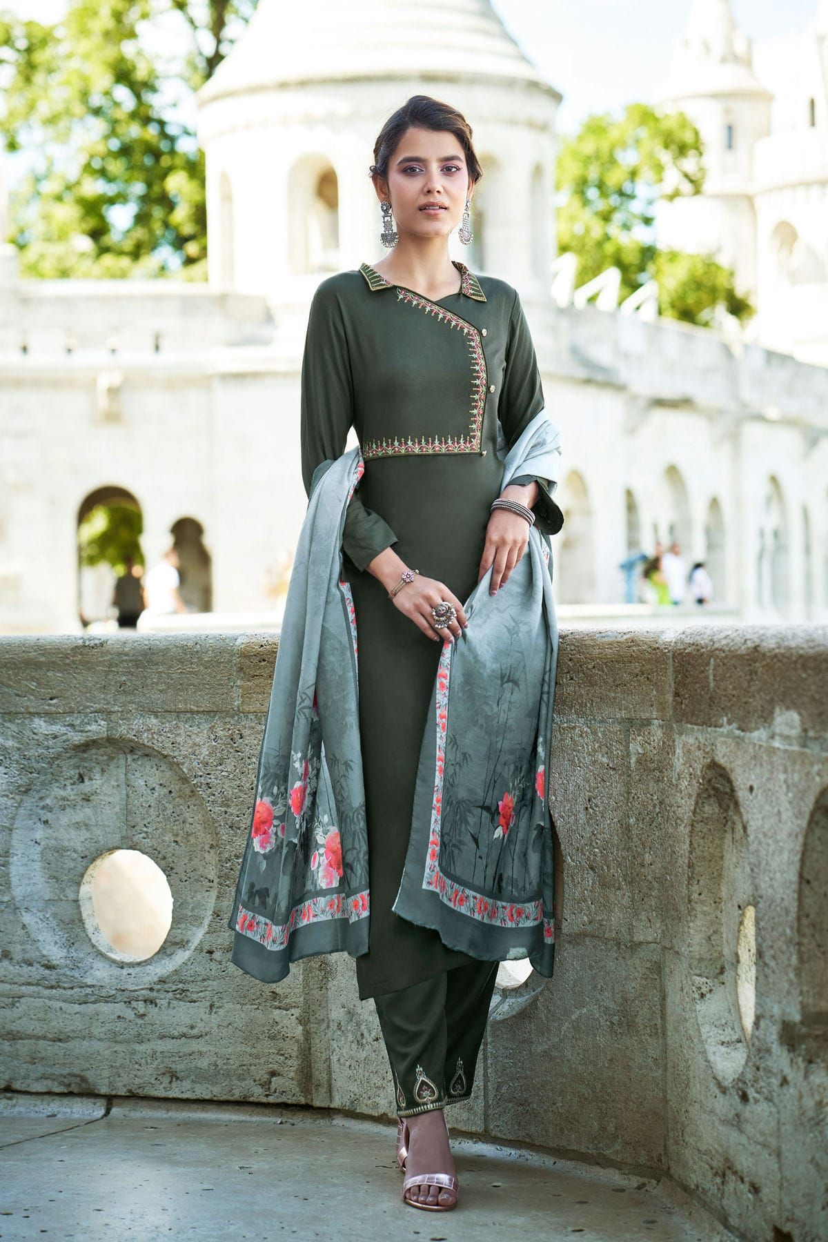 HEAVY RAYON DIGITAL PRINTED WITH ZARI RESHAM EMBROIDERY WORK STITCHED SALWAR SUIT In Green Colour SM03161825 A
