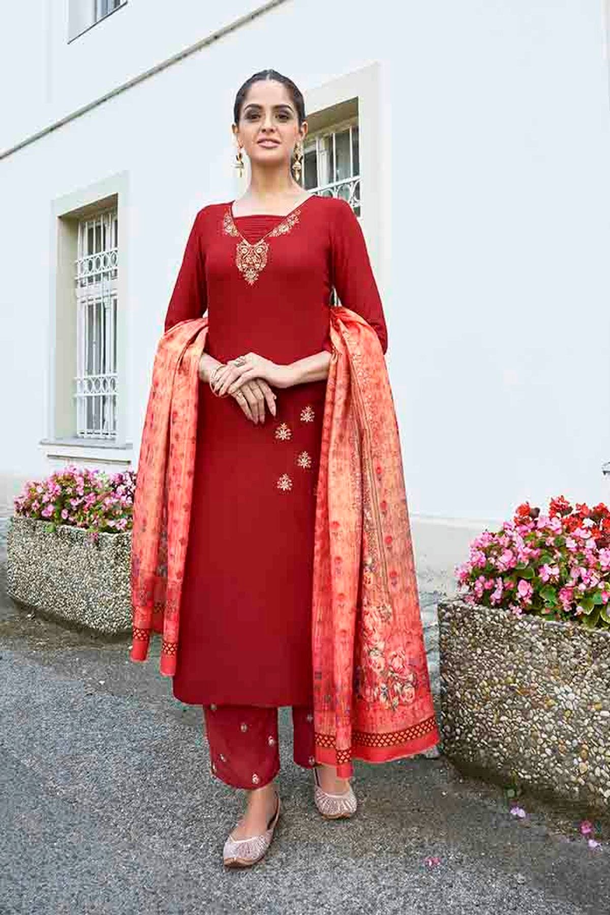 Red Dupatta with Heavy Multicolour Embroidery – Dupatta Bazaar