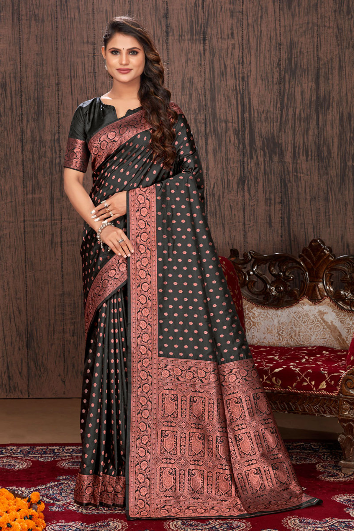 Black-gold Partywear Woven Zari Banarasi Jacquard Lehenga Choli