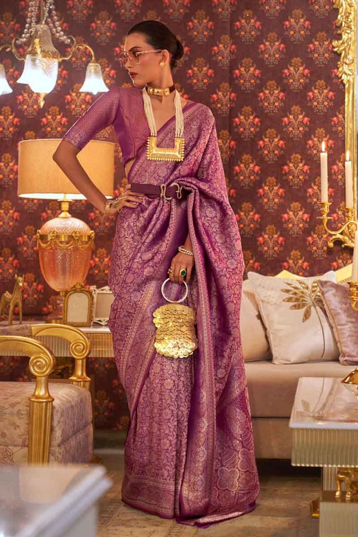 Buy Magenta Jacquard Kanjeevaram Silk Wedding Saree With Blouse