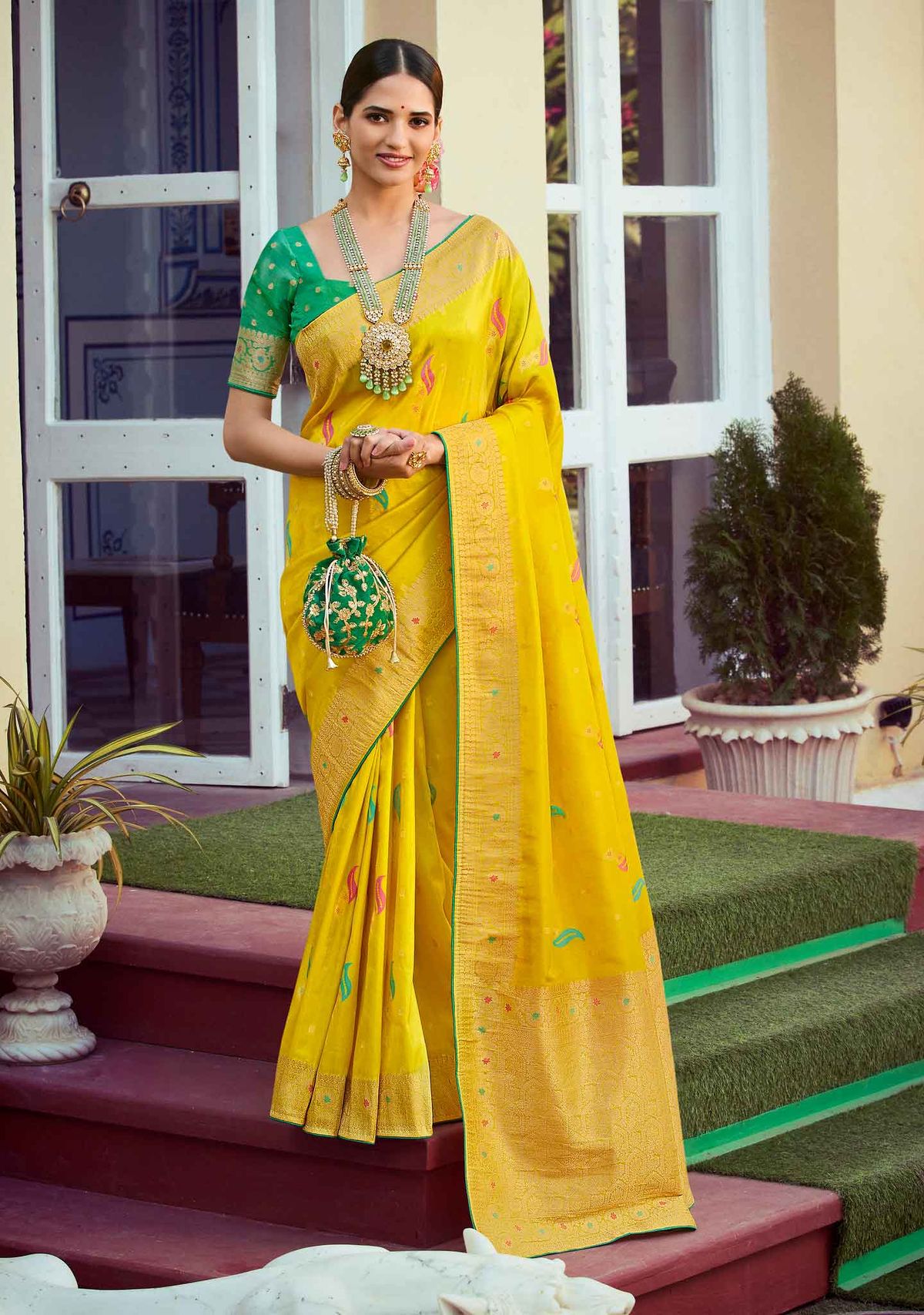 Yellow Organza Silk Saree with Stone Work - Urban Womania