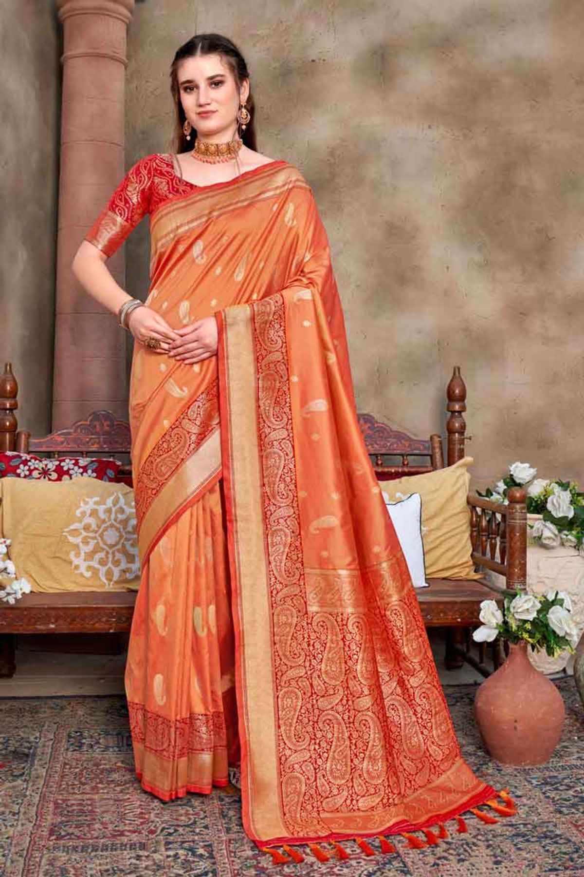 Banarasi Plain Semi Silk Saree With Contrast Border-Orange – Banarasikargha