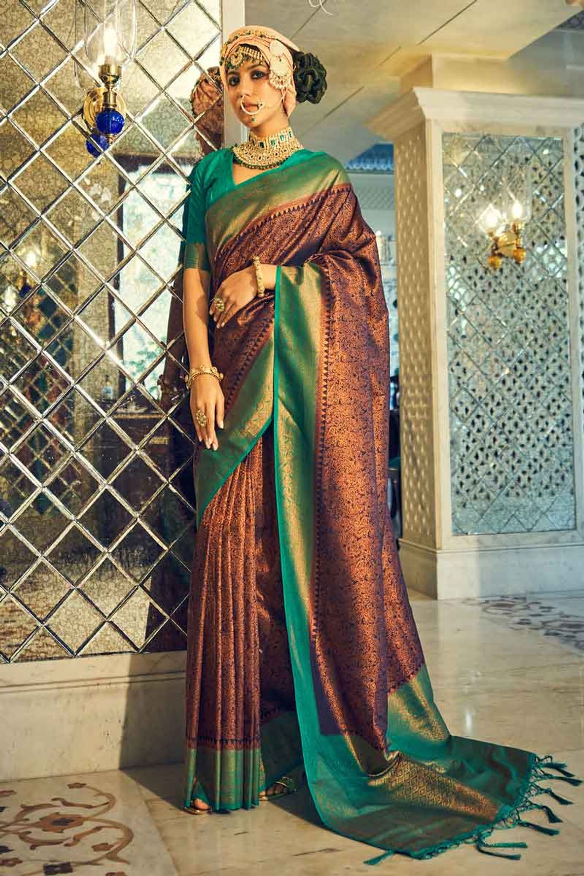 Dark Green Jacquard Silk Saree with Royal Golden work all over the bod –  TheHangr