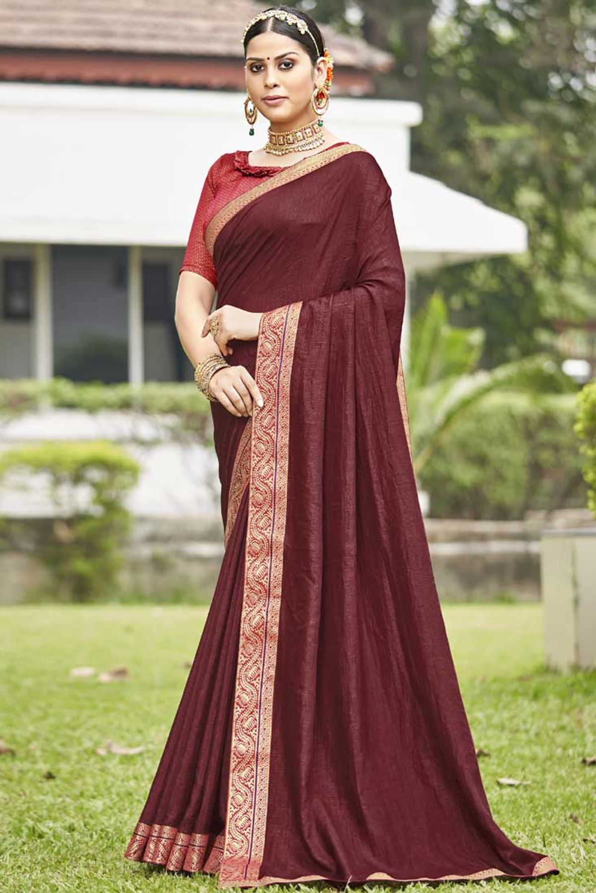 Wine Saree With Blouse