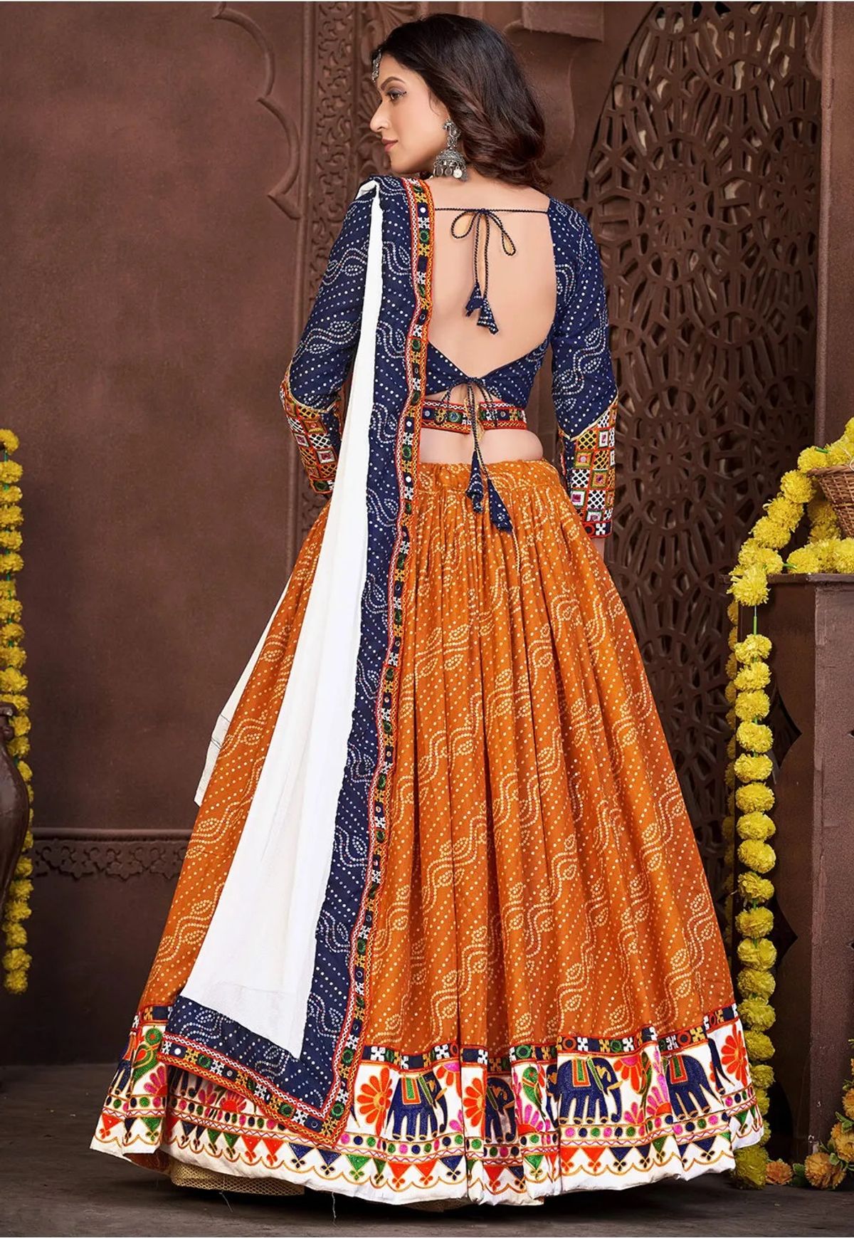 Peacock Blue And Orange Floral Printed Chiffon Lehenga Choli