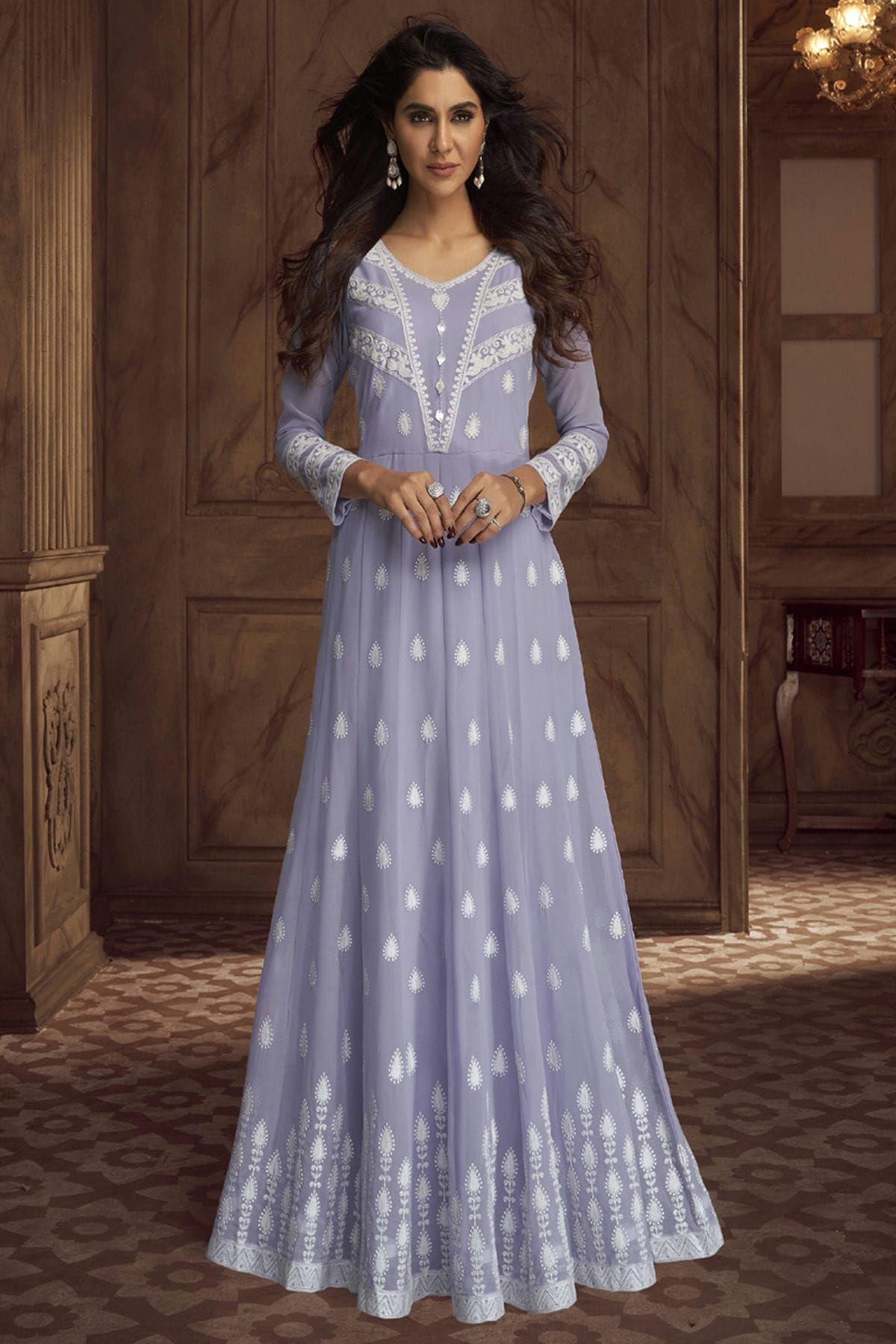 Blue Lucknowi Chikankari Work Georgette Anarkali Suit