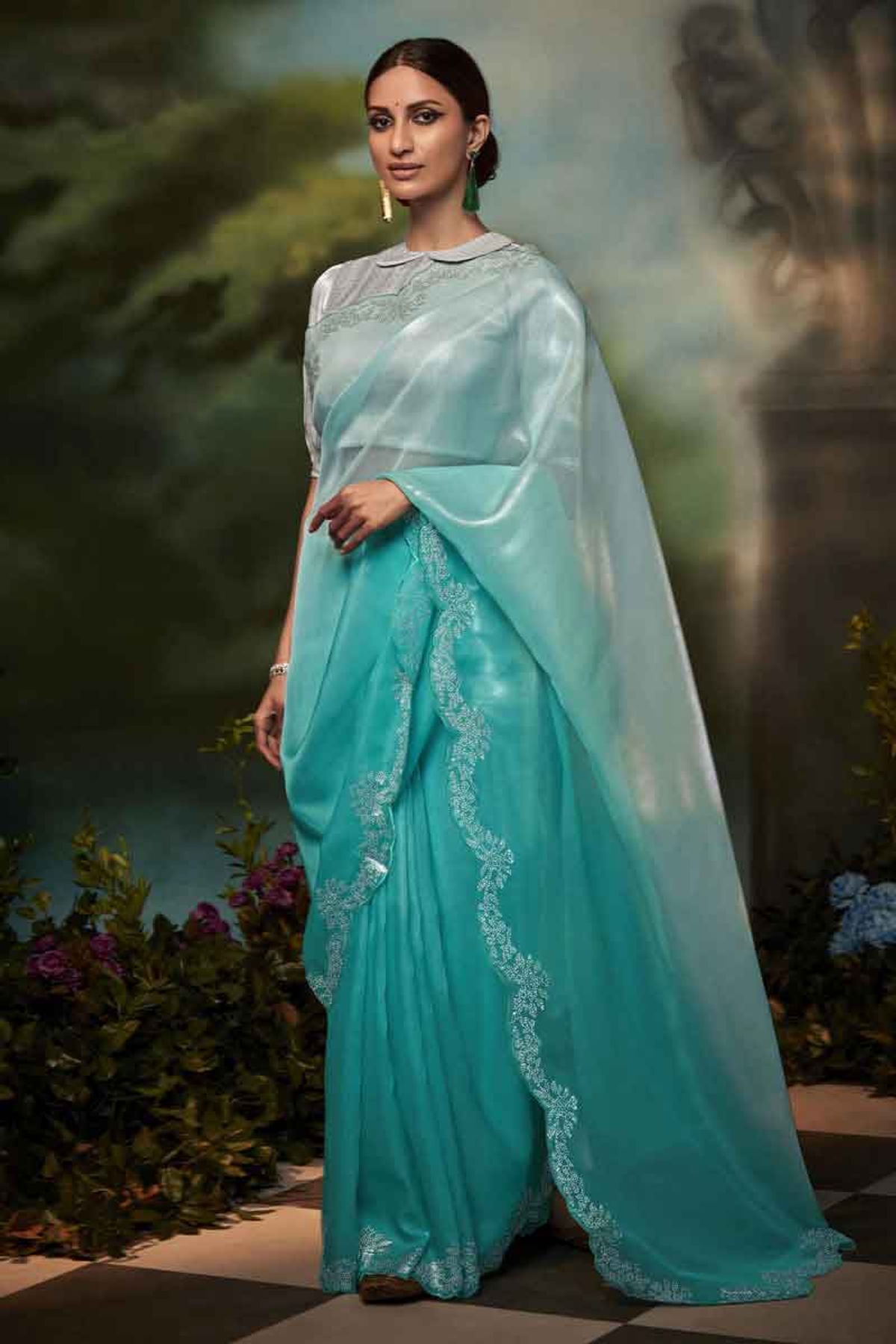 Peacock Green Swarovski Pure Satin Saree - ALBIS Online