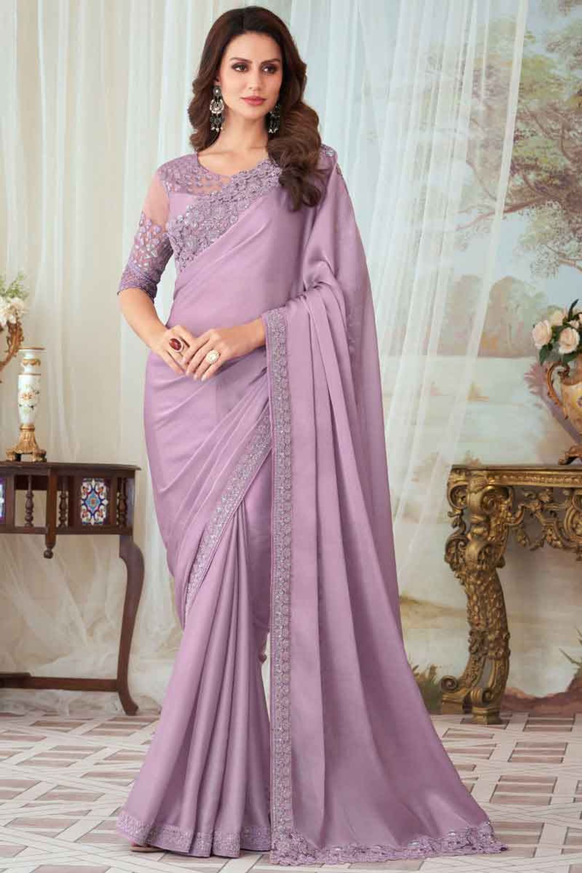 Women Plain Weave Chiffon Bandhani Lace Border Work Solid Saree with Blouse  Piece – Mirchi Fashion