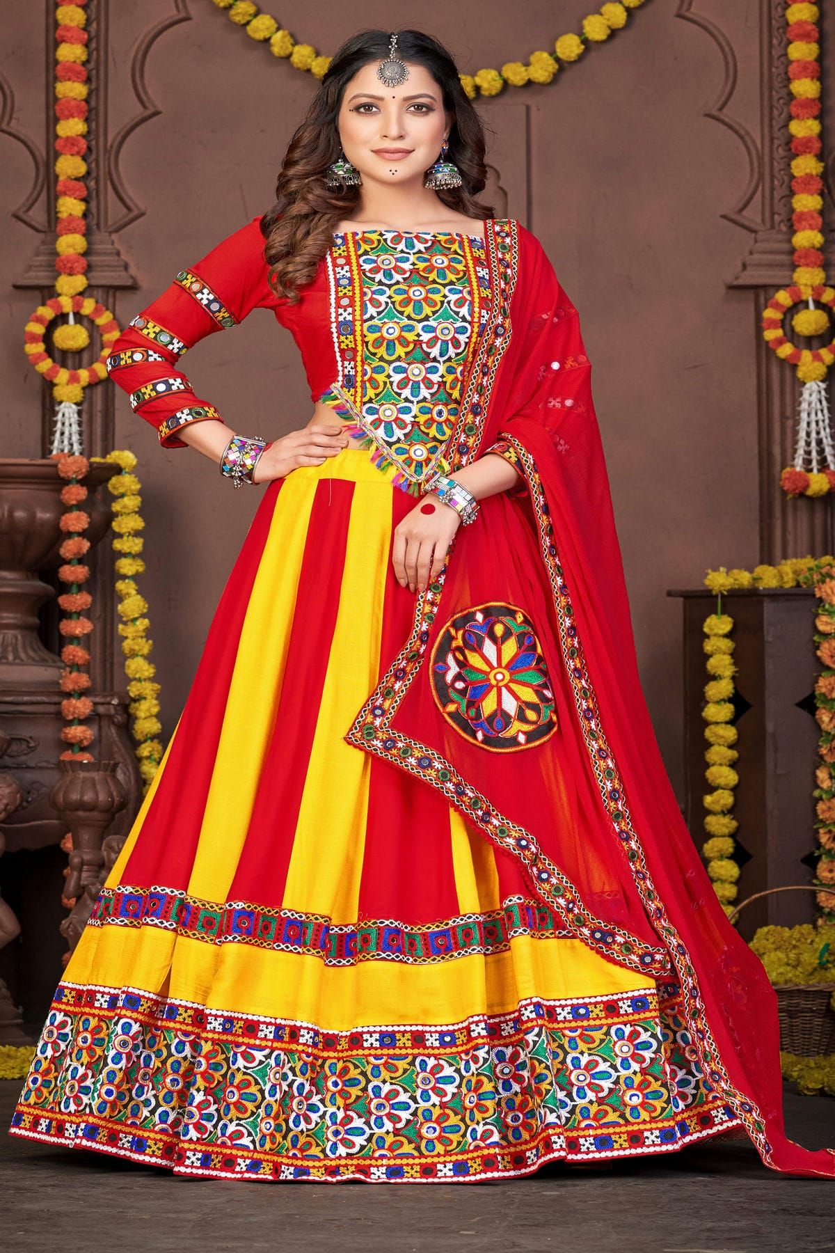 Ninecolours.com - Yellow Colour Banglori Silk Lehenga Choli Comes With  Matching Blouse and Dupatta.This Lehenga Choli Is Crafted With Zari  Work,Embroidery,Diamond Work. This Lehenga Choli Comes As a Semi Stitched  and Blouse