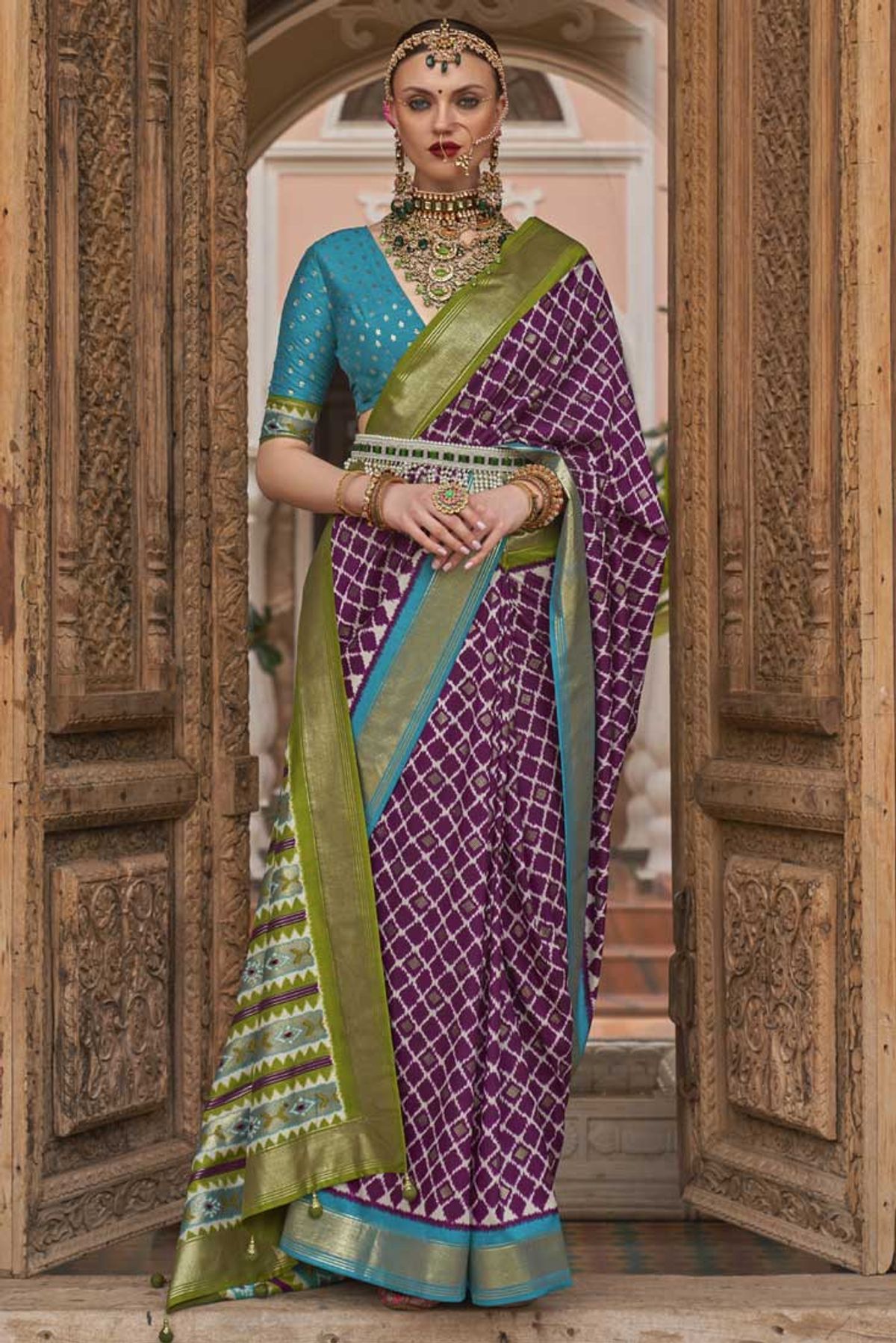 Purple Coloured Soft Silk Saree with Contrast Lemon Green Pallu.