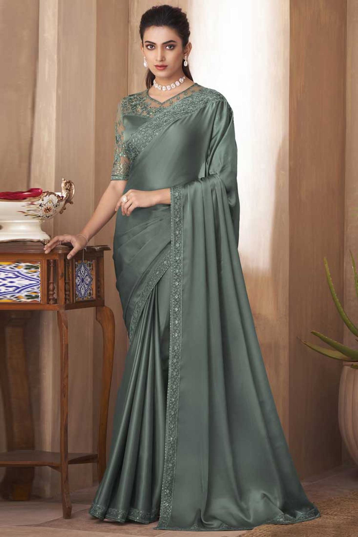 Buy Party Wear Grey Sequins Work Georgette Ready To Wear Saree Online From  Surat Wholesale Shop.