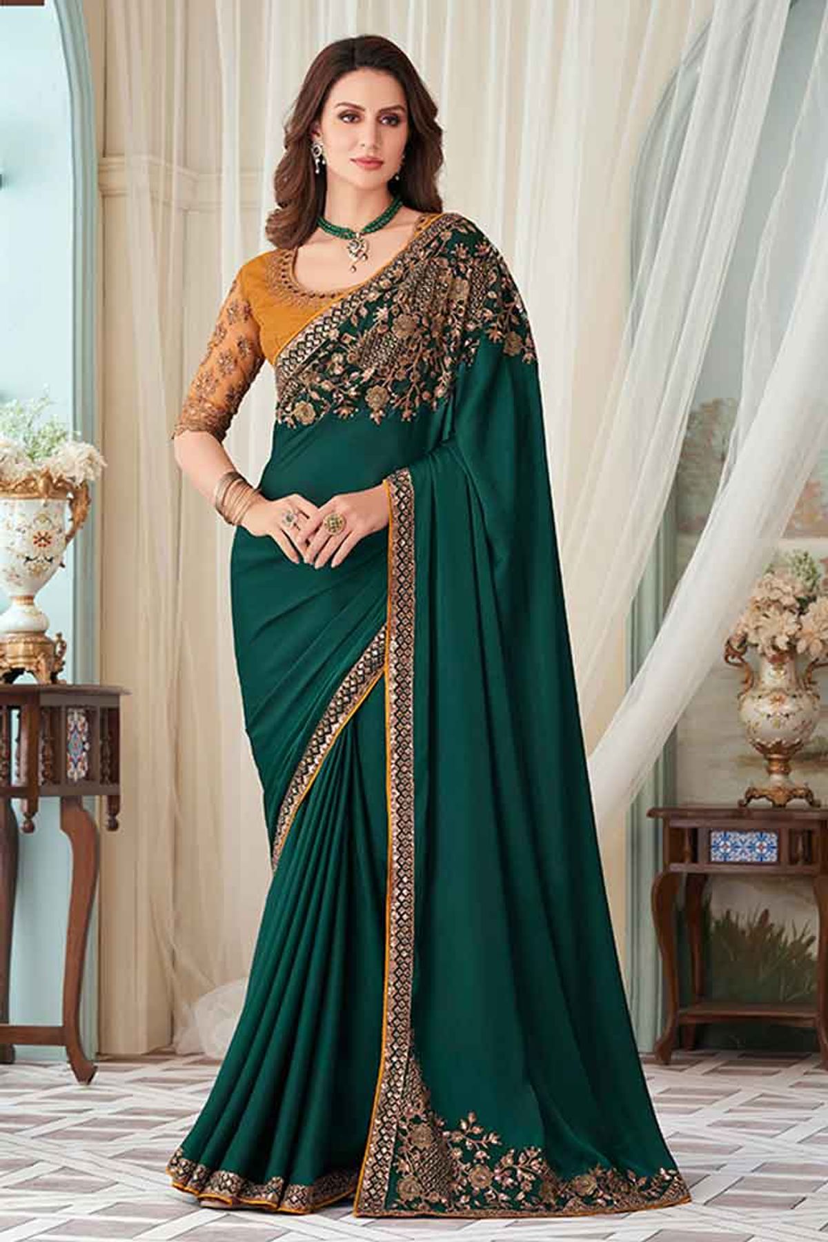 Bottle Green Color Silk Base Half And Half Silk Weave Work Saree