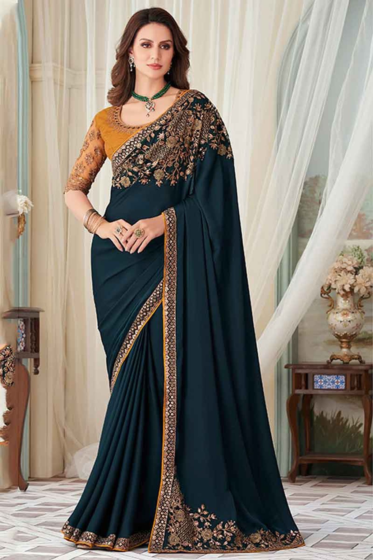 Buy Navy Blue Organza Saree with Golden Embroidered Cut Work Online in USA  – Pure Elegance