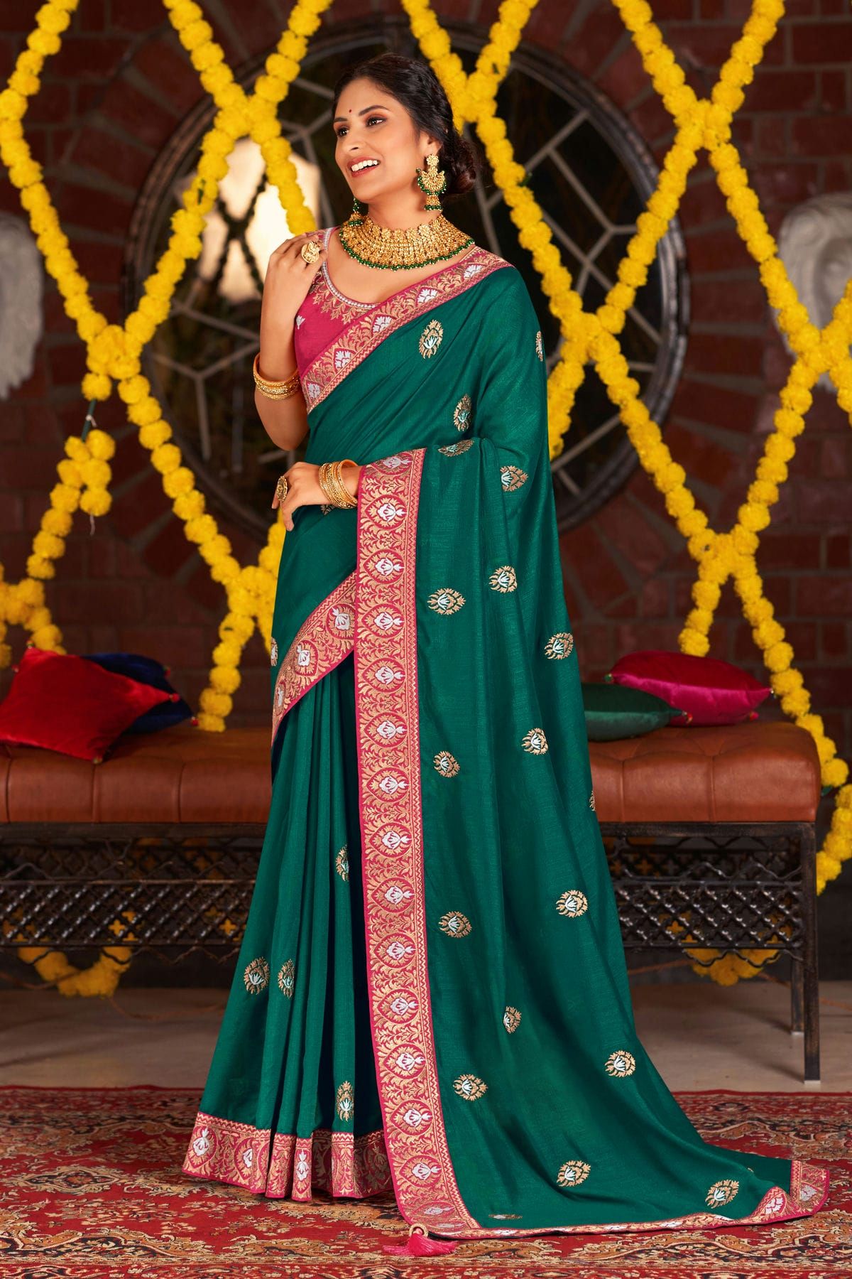 Green colour vichitra silk heavy work saree