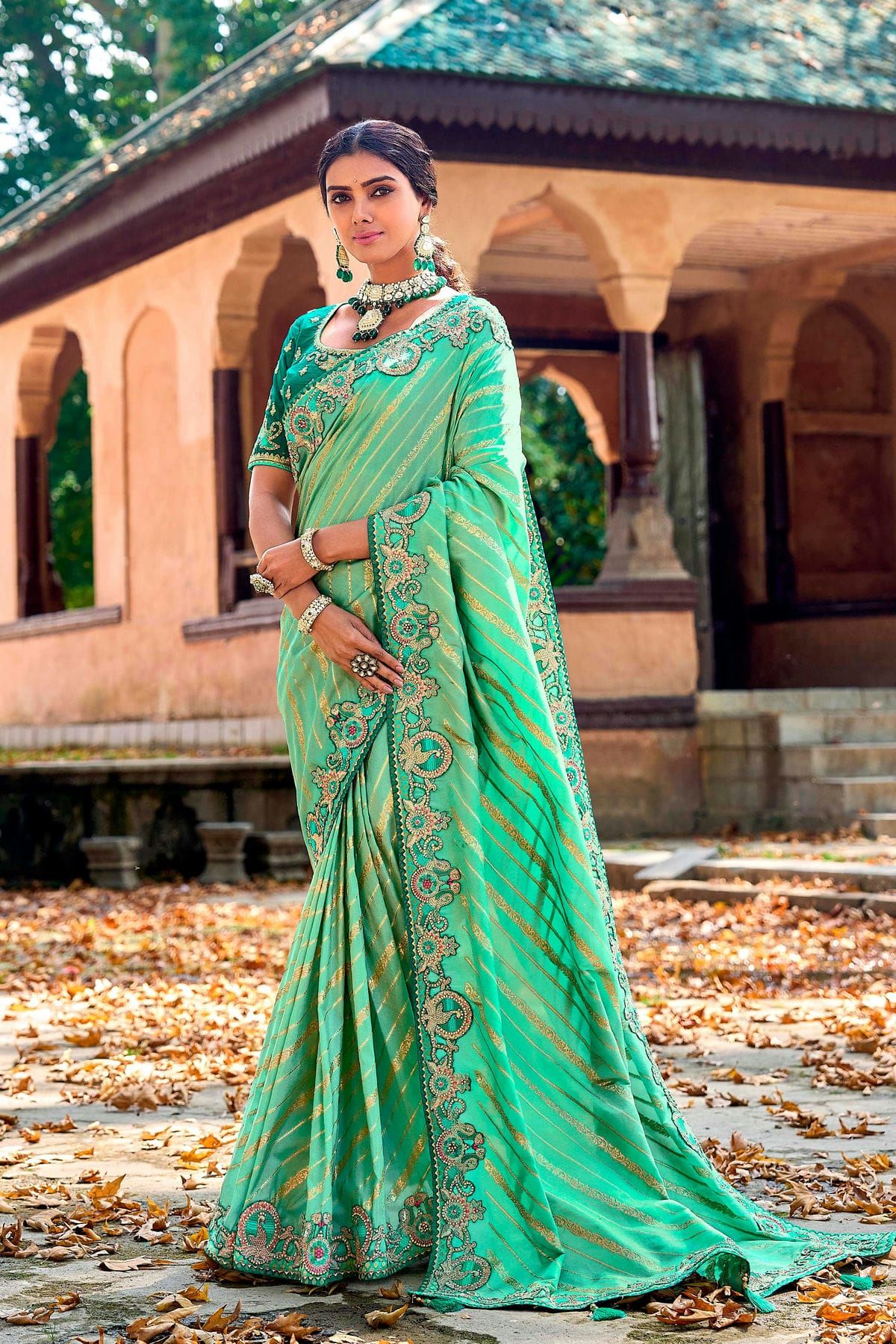 Pistachio Green Woven Traditional Silk Saree With Heavy