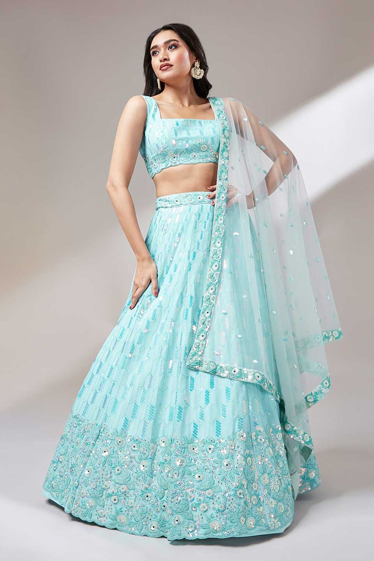 Georgette Lehenga Choli with Thread Sequence Embroidery work In Turquoise Colour LD054113427 A